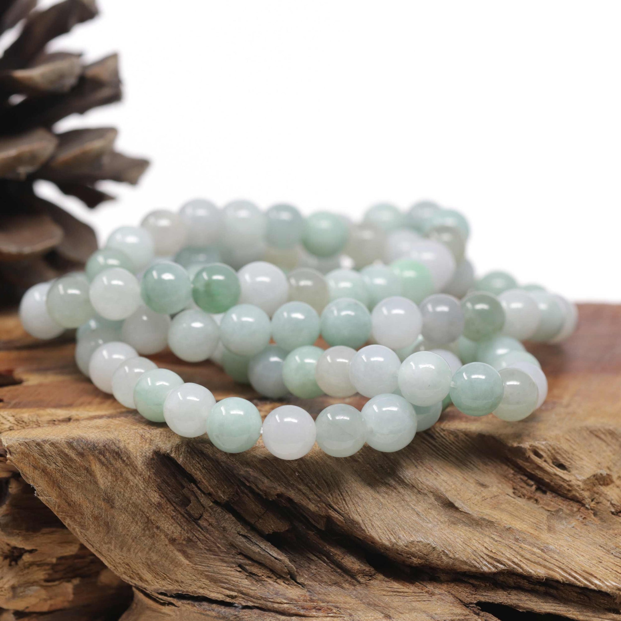 Baikalla Natural Green &amp; Icy Jadeite Jade Round Bead Bracelet (9mm)