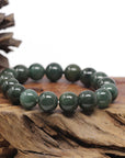 Baikalla Natural Deep Oil-Green Jadeite Jade Round Bead Bracelet (12.8mm)