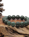 Baikalla Natural Deep Oil-Green Jadeite Jade Round Bead Bracelet (12.8mm)