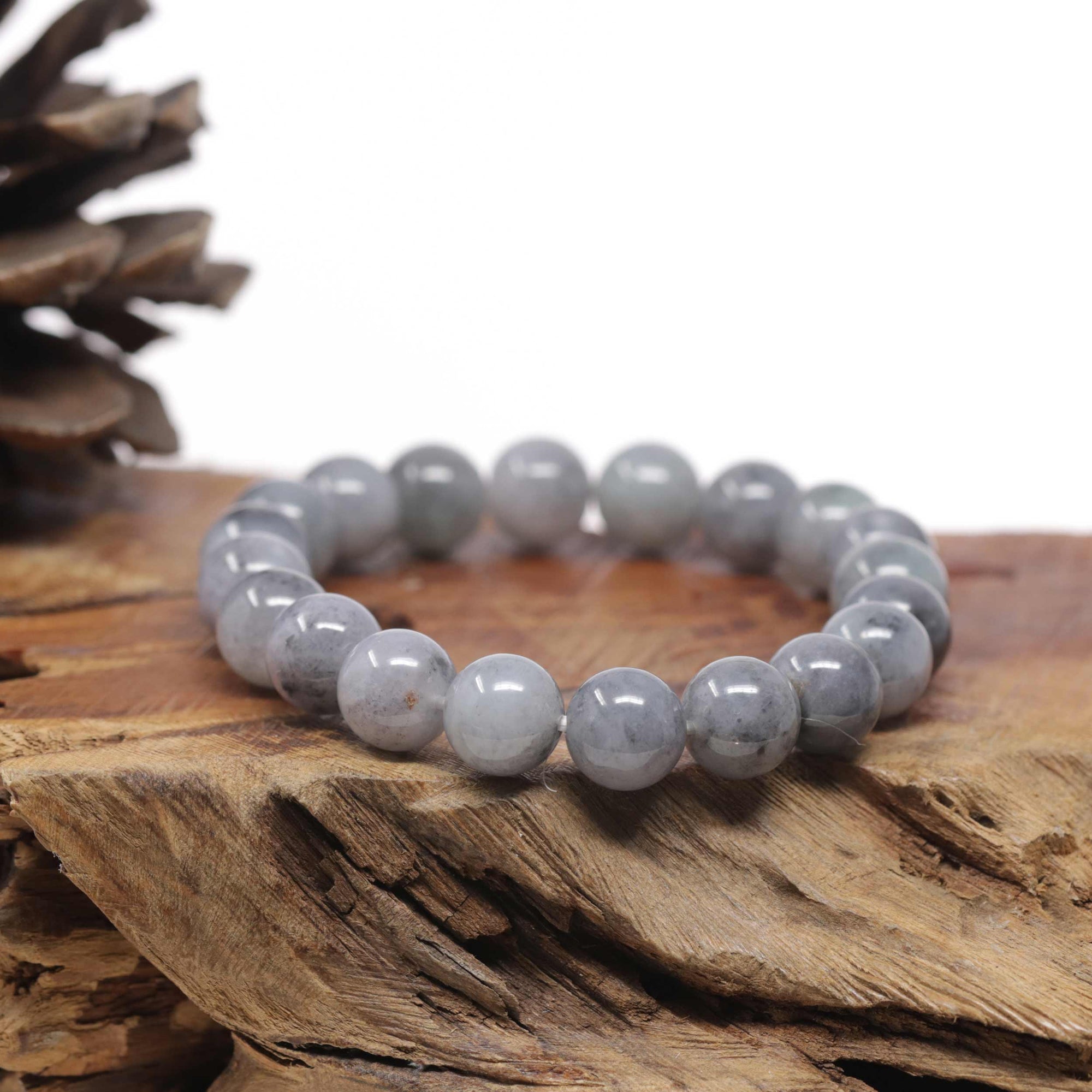 Baikalla Natural Grey Wuji &amp; Light Green Jadeite Jade Round Bead Bracelet (11mm)
