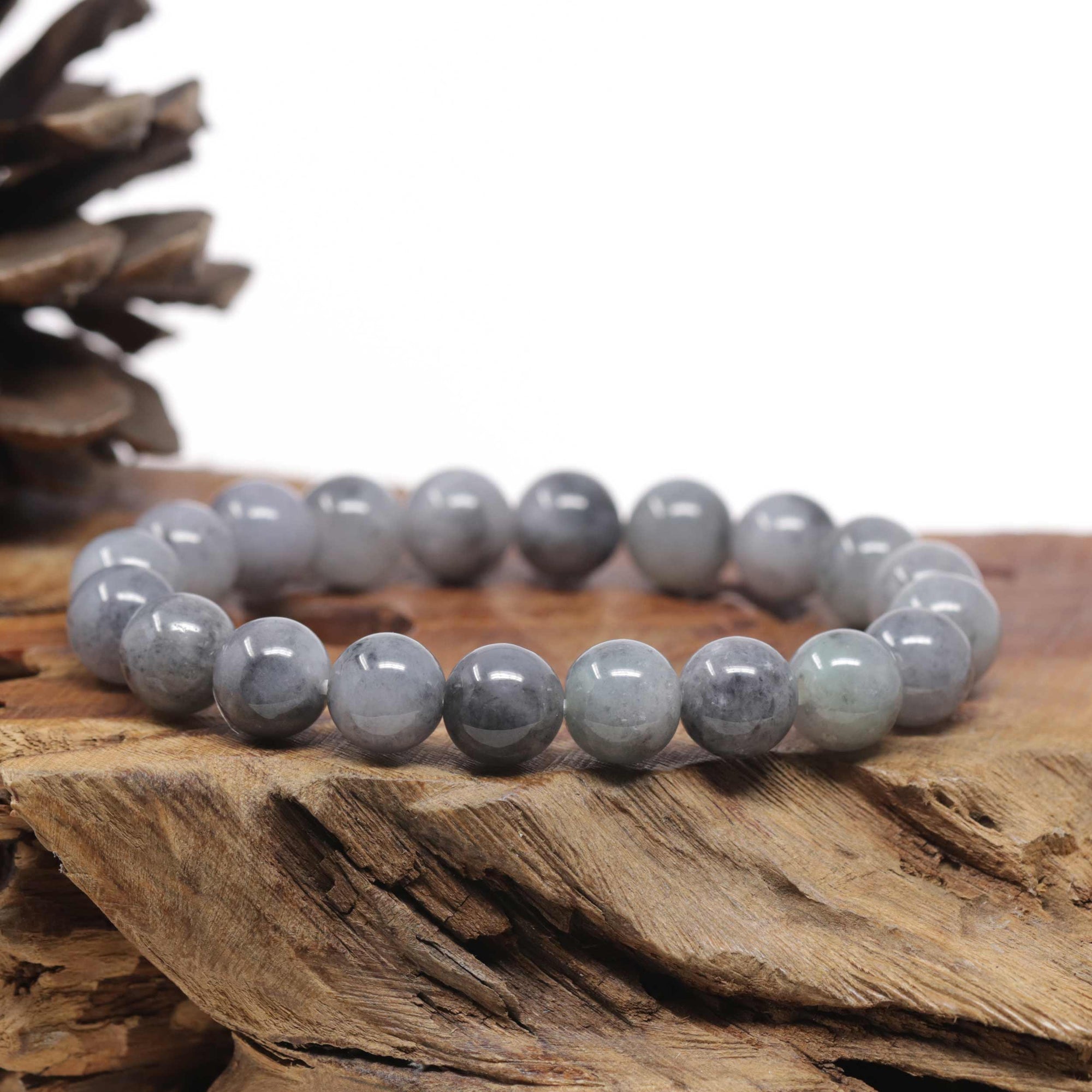 Baikalla Natural Grey Wuji &amp; Light Green Jadeite Jade Round Bead Bracelet (11mm)
