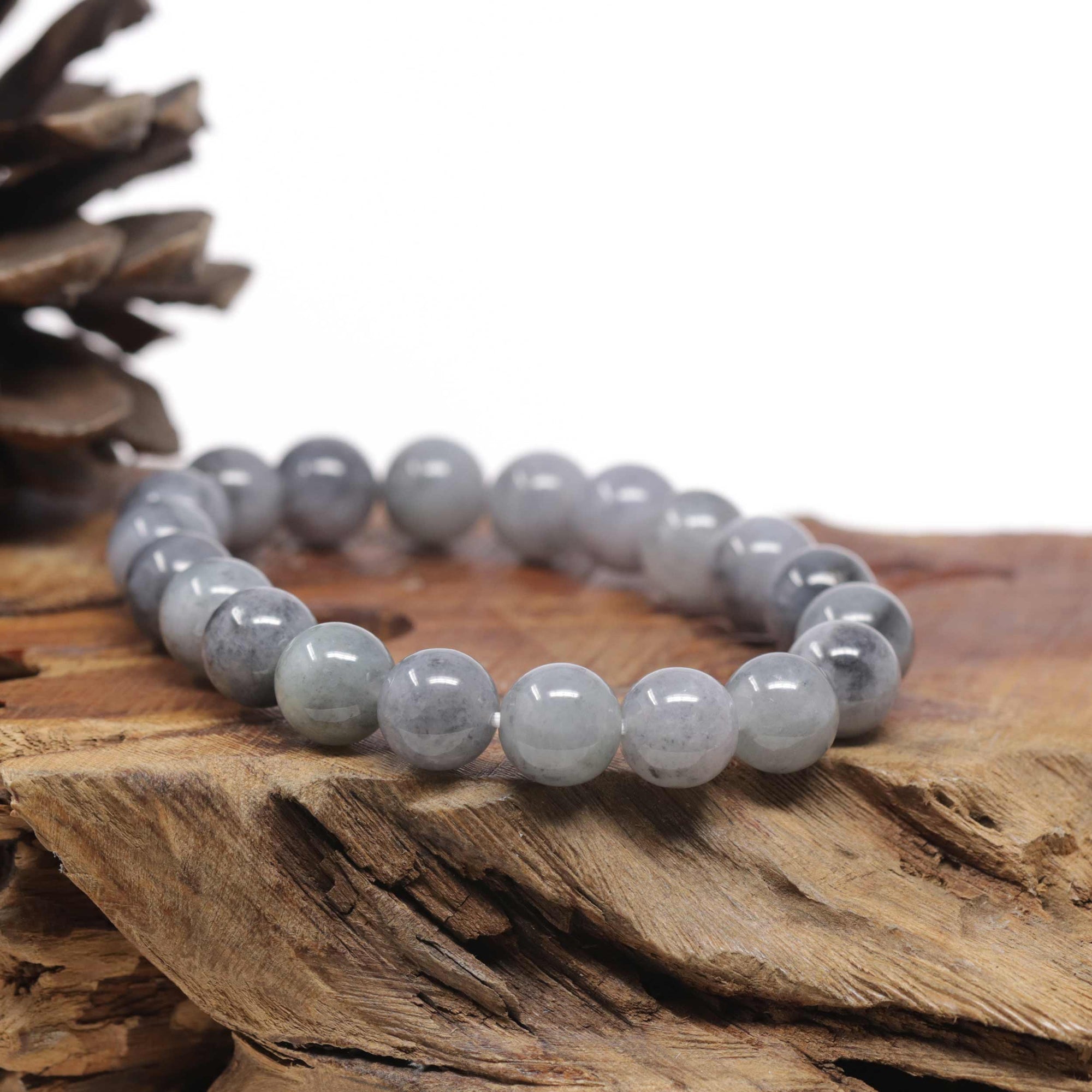 Baikalla Natural Grey Wuji &amp; Light Green Jadeite Jade Round Bead Bracelet (11mm)