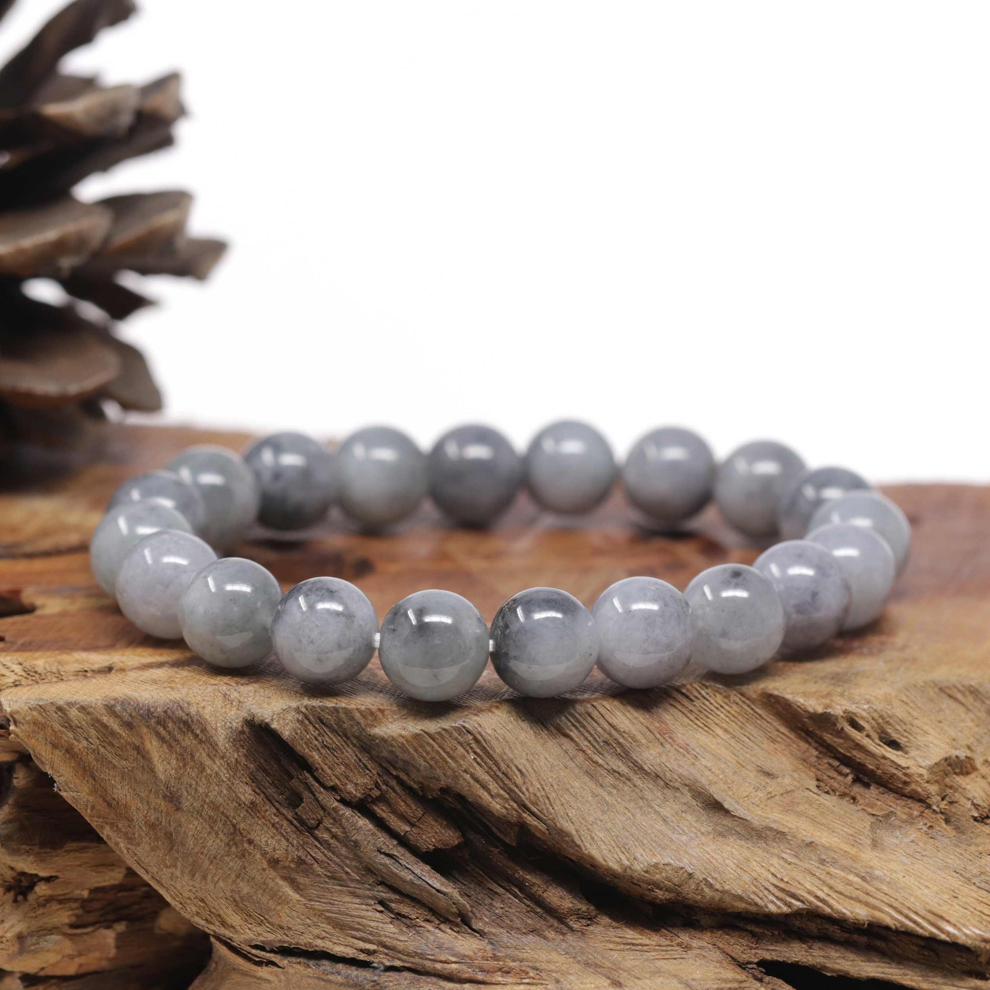 Baikalla Natural Grey Wuji &amp; Light Green Jadeite Jade Round Bead Bracelet (11mm)