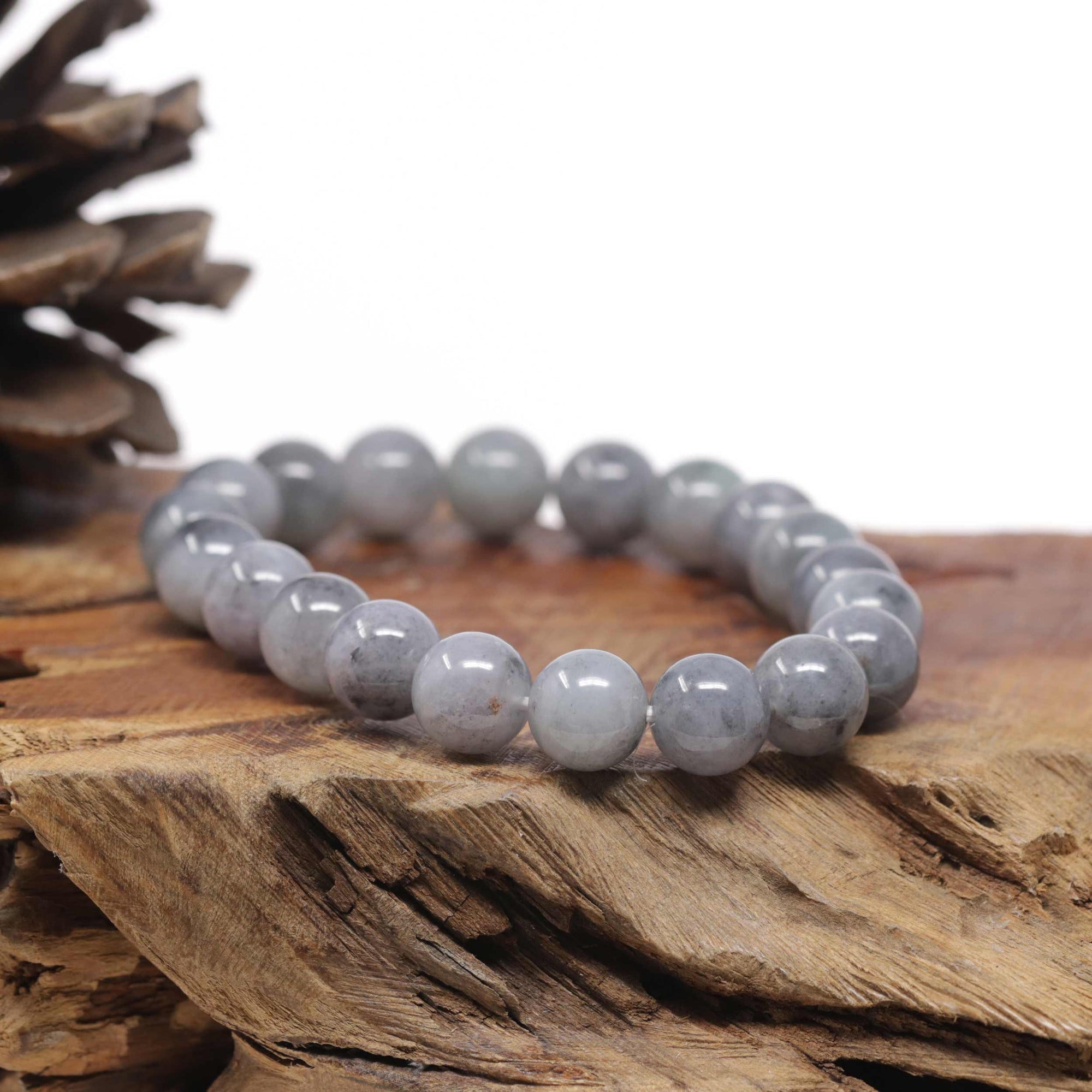 Baikalla Natural Grey Wuji &amp; Light Green Jadeite Jade Round Bead Bracelet (11mm)