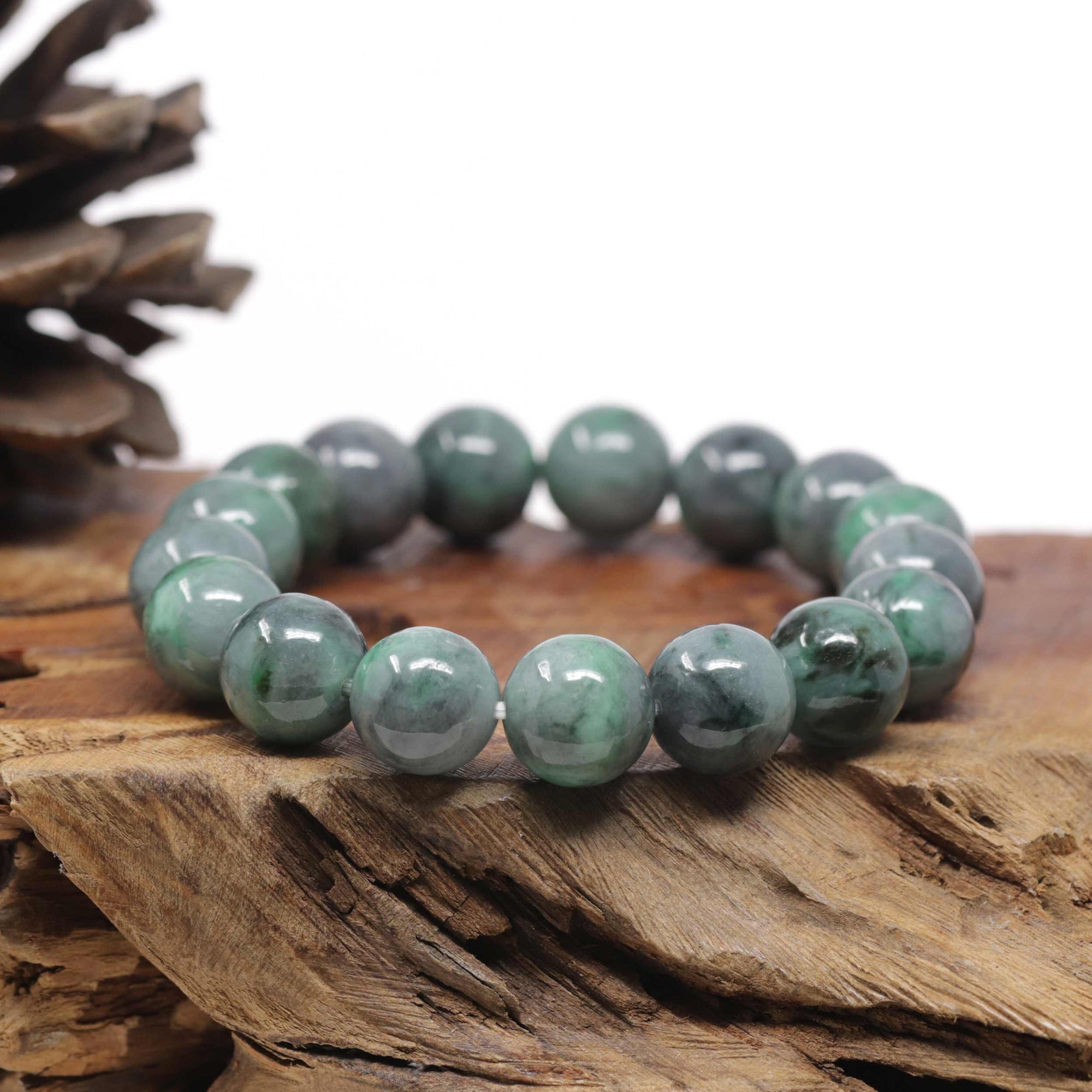 Baikalla Natural Vibrant Green &amp; Black Wuji Jadeite Jade Round Bead Bracelet (13.5mm)