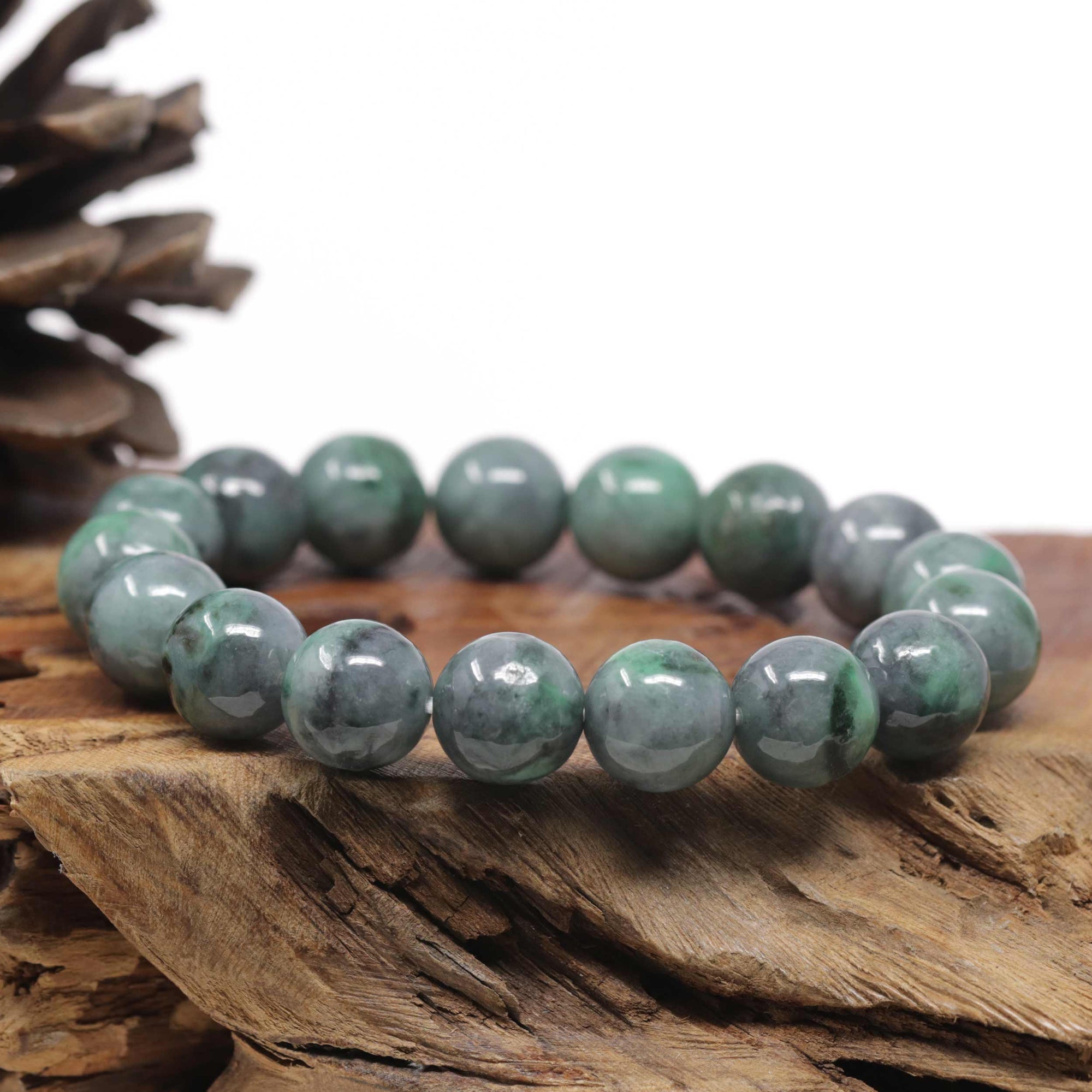 Baikalla Natural Vibrant Green &amp; Black Wuji Jadeite Jade Round Bead Bracelet (13.5mm)