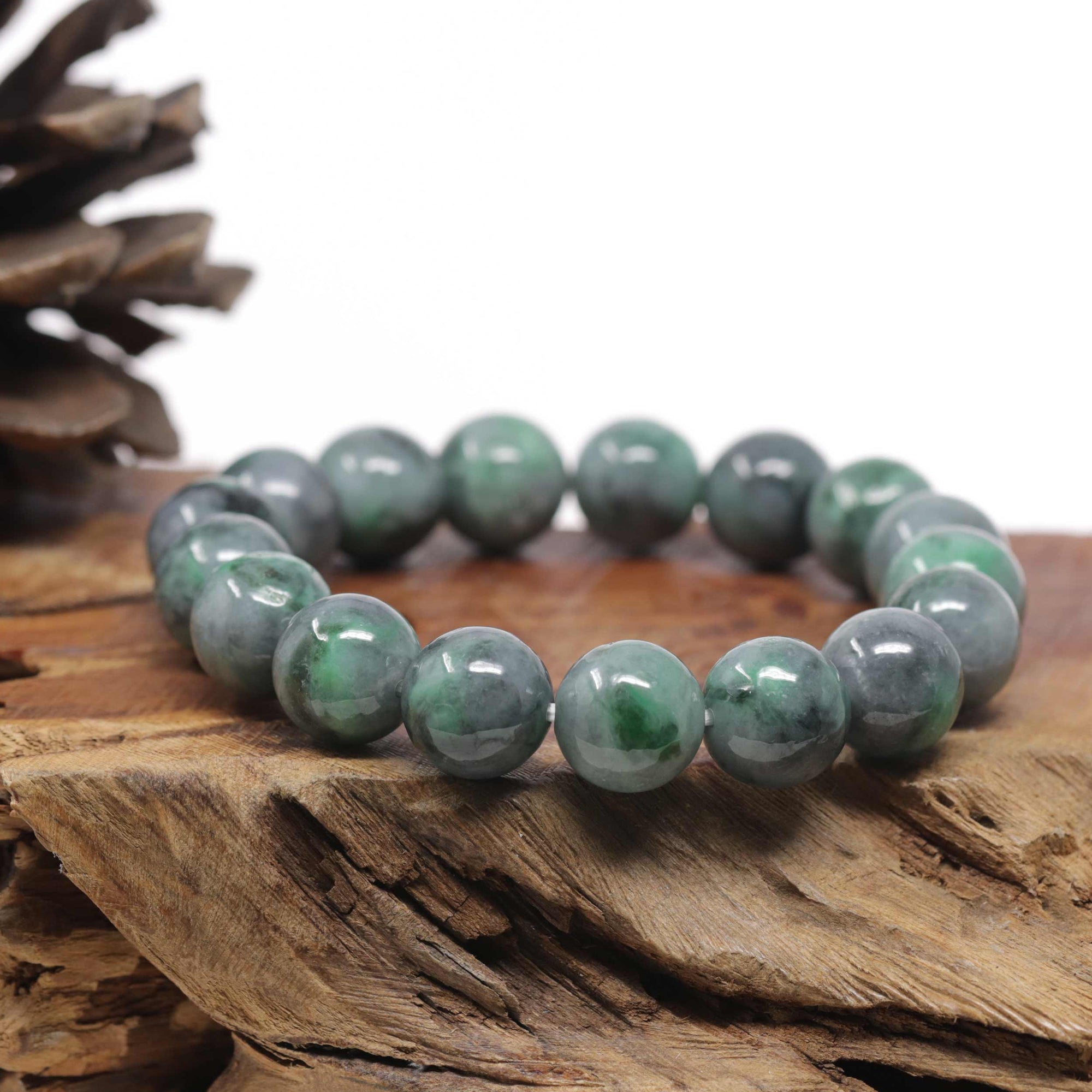 Baikalla Natural Vibrant Green &amp; Black Wuji Jadeite Jade Round Bead Bracelet (13.5mm)