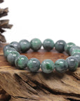 Baikalla Natural Vibrant Green & Black Wuji Jadeite Jade Round Bead Bracelet (13.5mm)