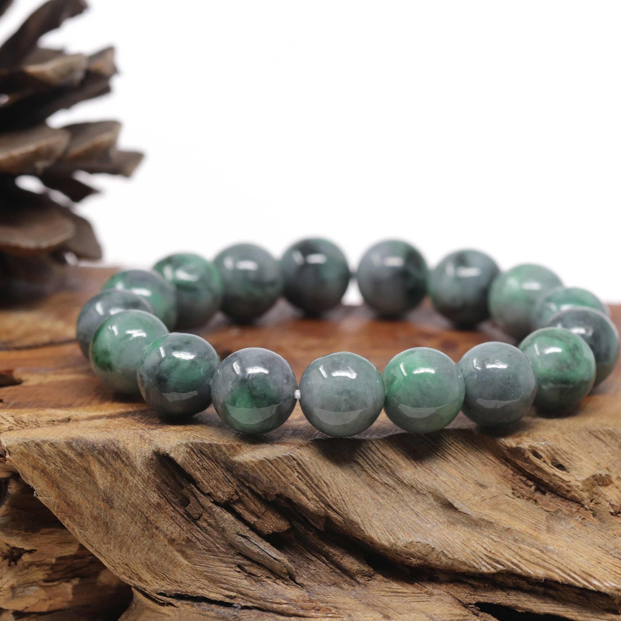 Baikalla Natural Vibrant Green &amp; Black Wuji Jadeite Jade Round Bead Bracelet (13.5mm)