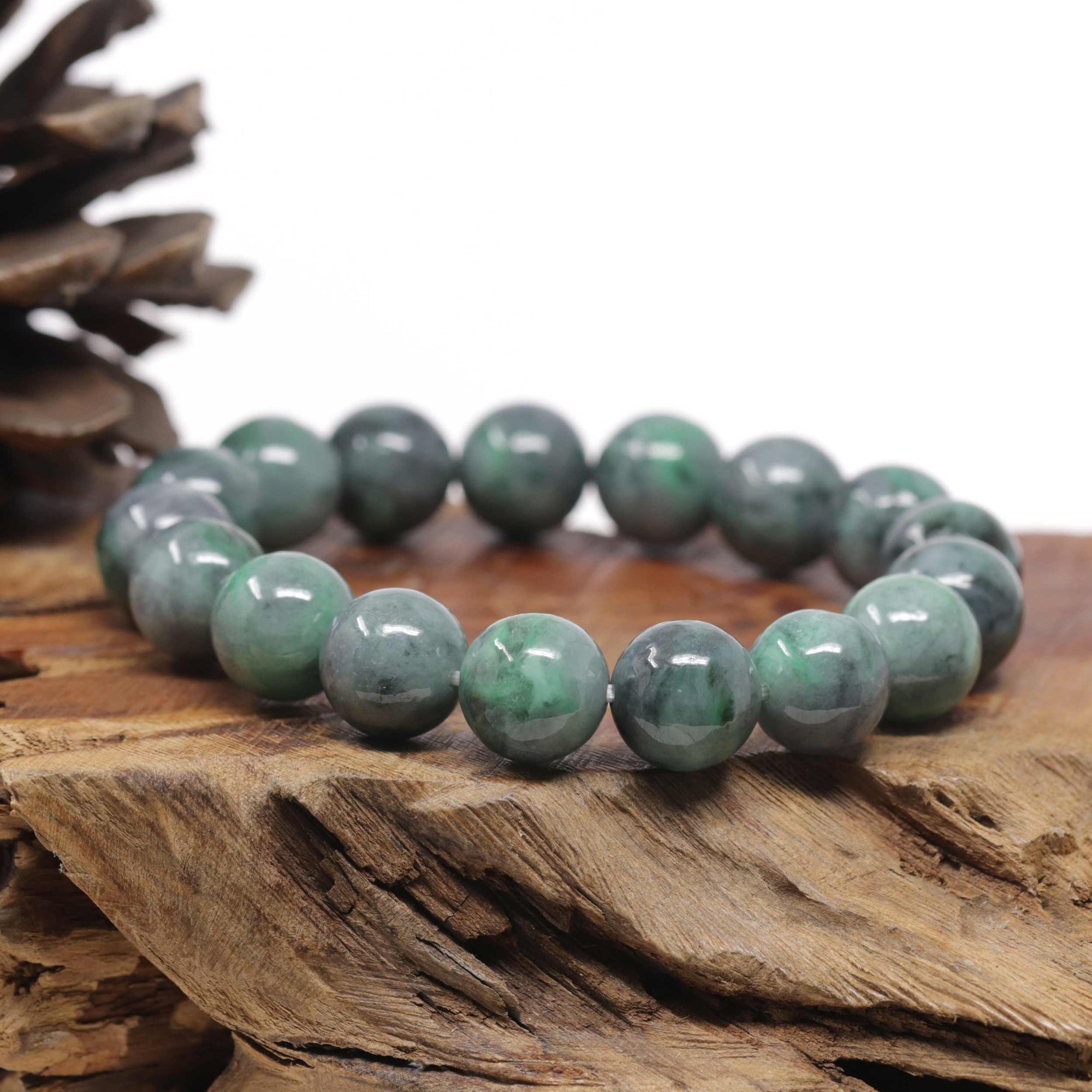 Baikalla Natural Vibrant Green &amp; Black Wuji Jadeite Jade Round Bead Bracelet (13.5mm)