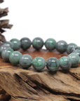 Baikalla Natural Vibrant Green & Black Wuji Jadeite Jade Round Bead Bracelet (13.5mm)