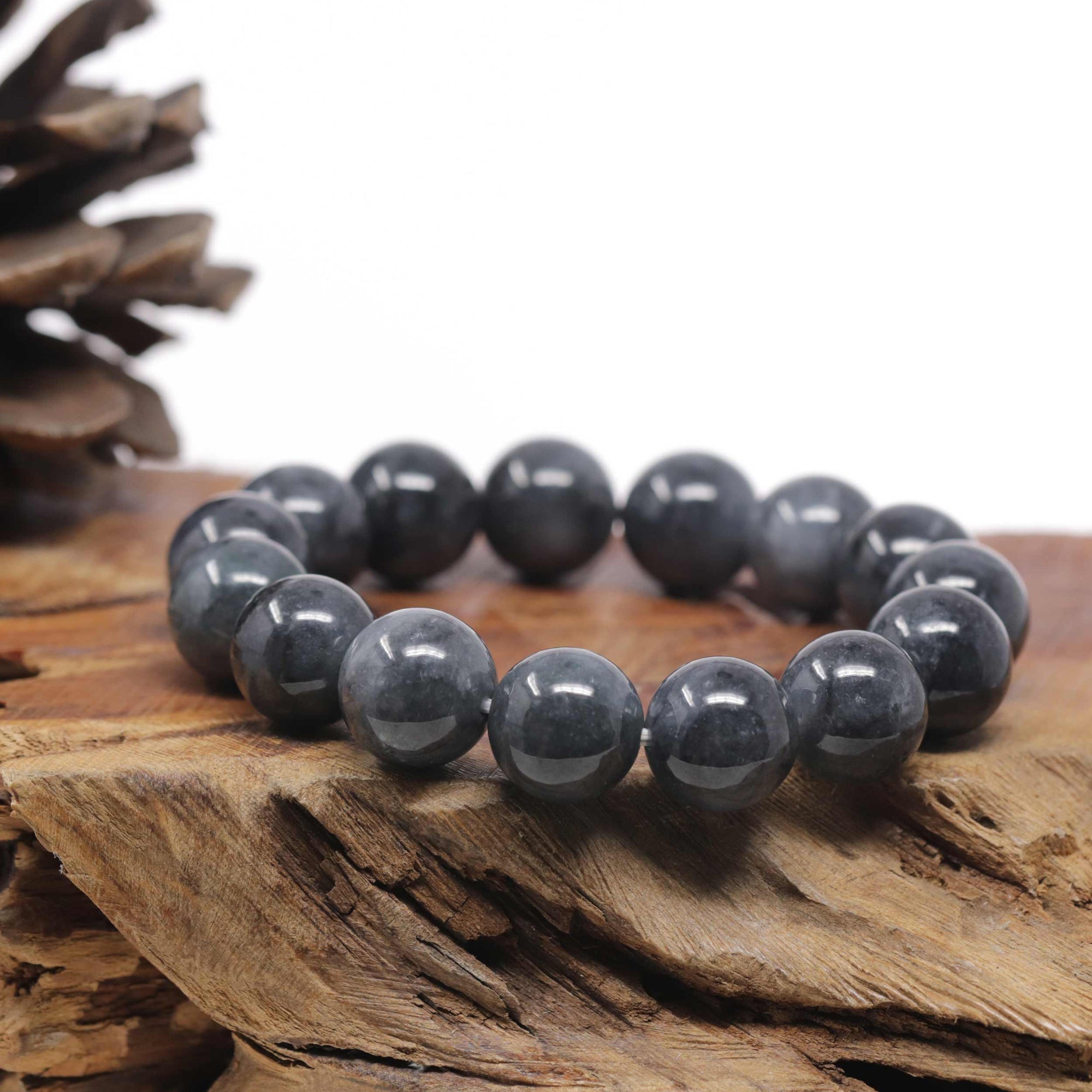 Baikalla Natural Black Wuji Jadeite Jade Round Bead Bracelet (14mm)