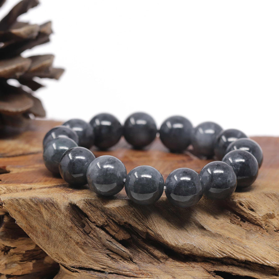 Baikalla Natural Black Wuji Jadeite Jade Round Bead Bracelet (14mm)