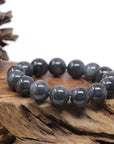 Baikalla Natural Black Wuji Jadeite Jade Round Bead Bracelet (14mm)
