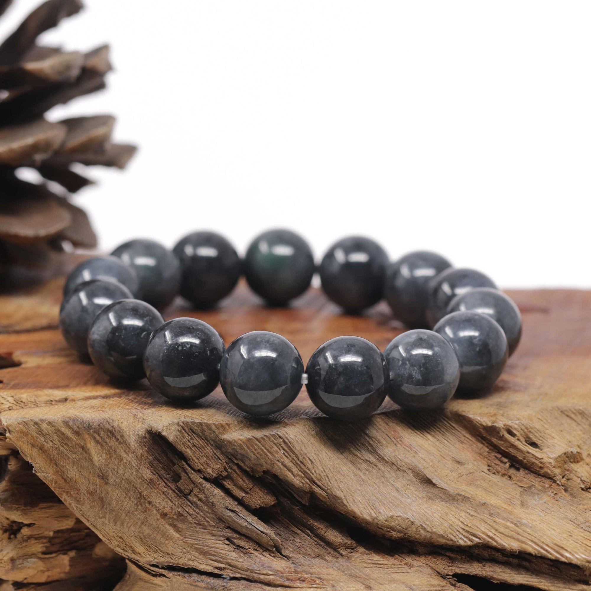 Baikalla Natural Black Wuji Jadeite Jade Round Bead Bracelet (14mm)