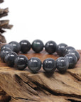 Baikalla Natural Black Wuji Jadeite Jade Round Bead Bracelet (14mm)
