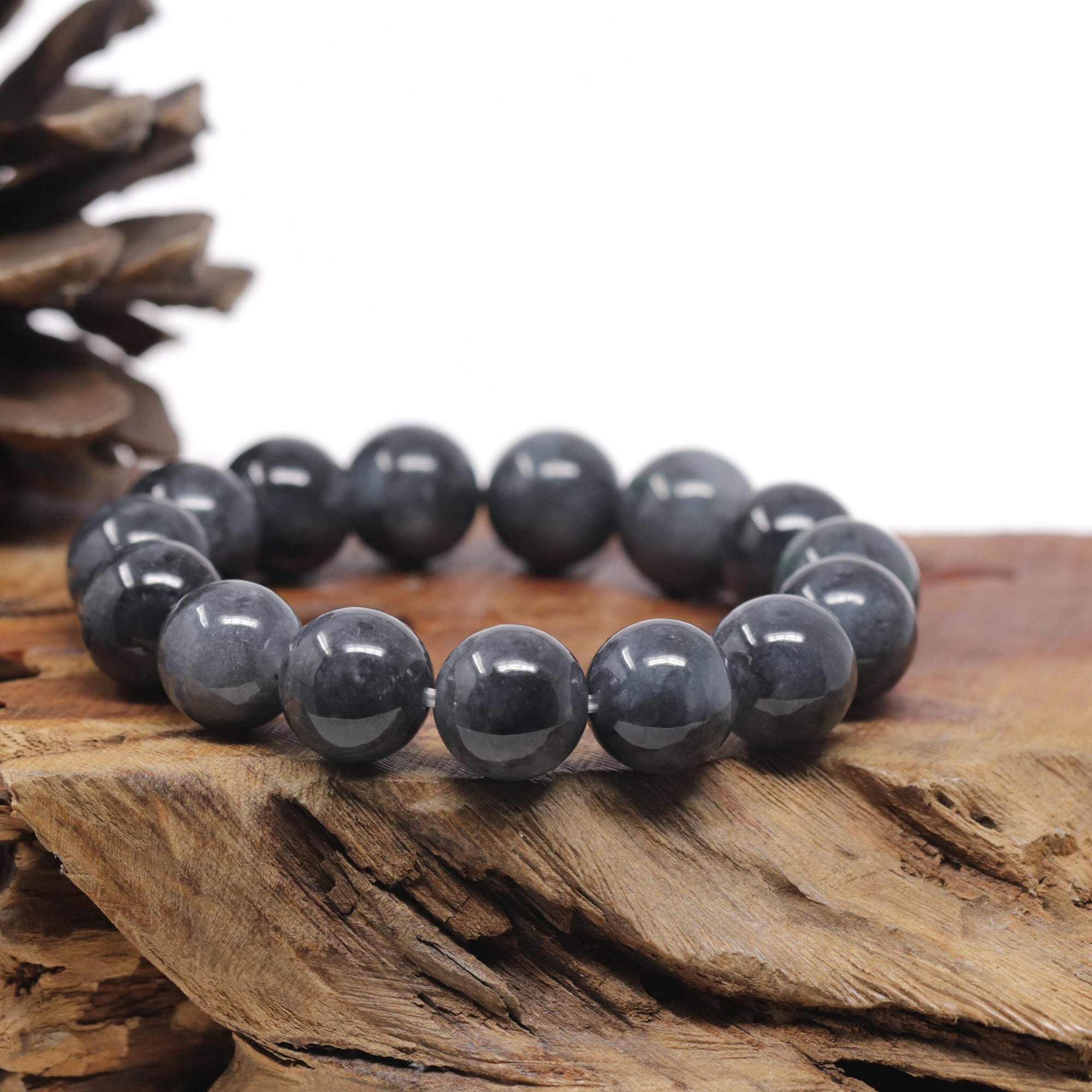 Baikalla Natural Black Wuji Jadeite Jade Round Bead Bracelet (14mm)