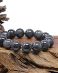 Baikalla Natural Black Wuji Jadeite Jade Round Bead Bracelet (14mm)