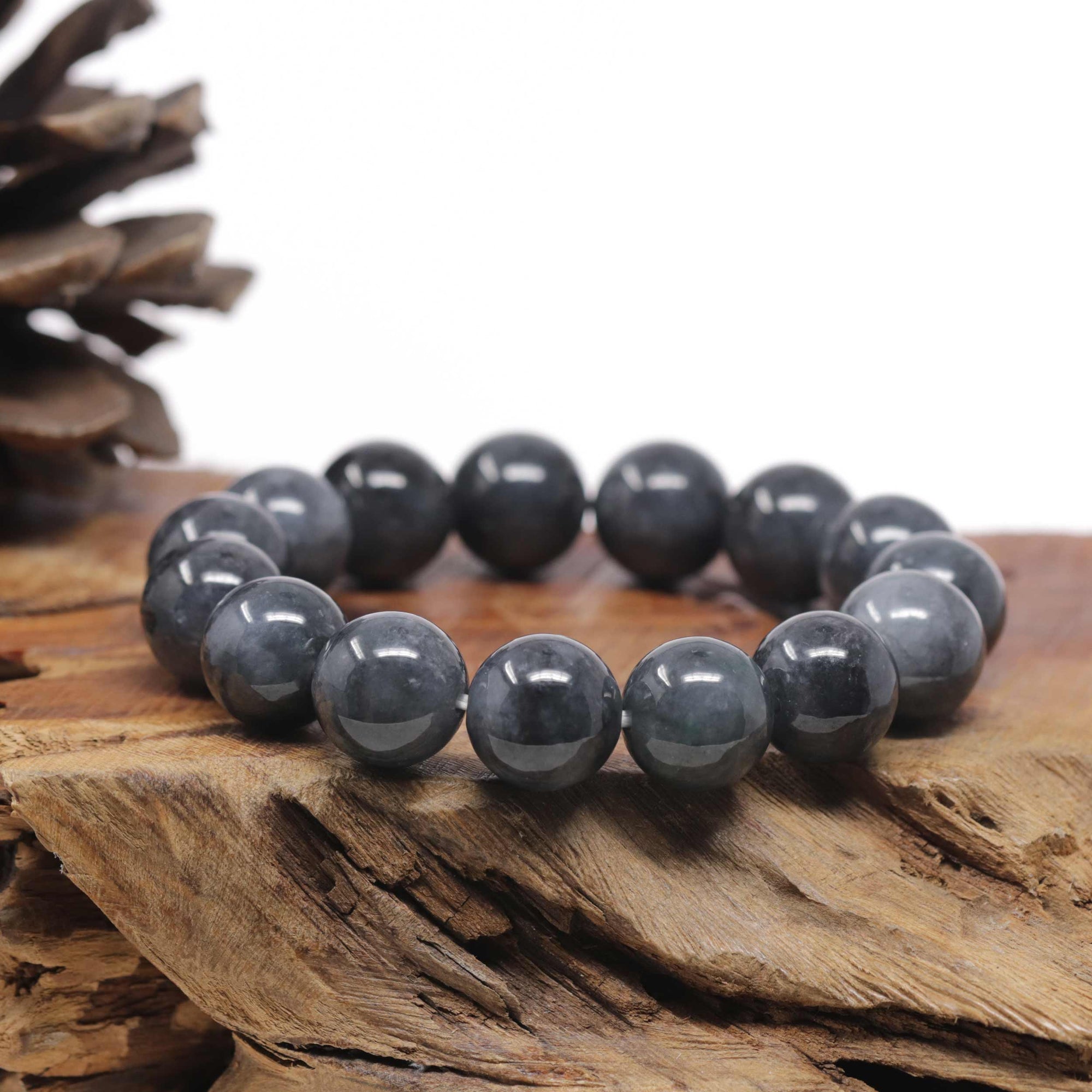 Baikalla Natural Black Wuji Jadeite Jade Round Bead Bracelet (14mm)