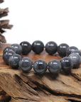 Baikalla Natural Black Wuji Jadeite Jade Round Bead Bracelet (14mm)