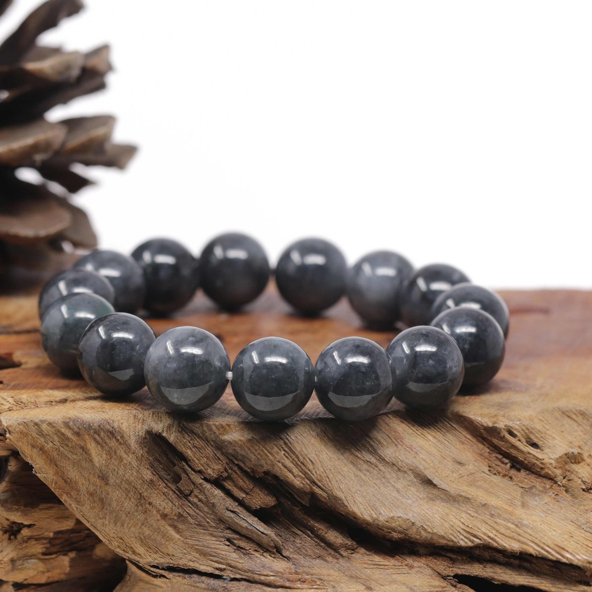 Baikalla Natural Black Wuji Jadeite Jade Round Bead Bracelet (14mm)