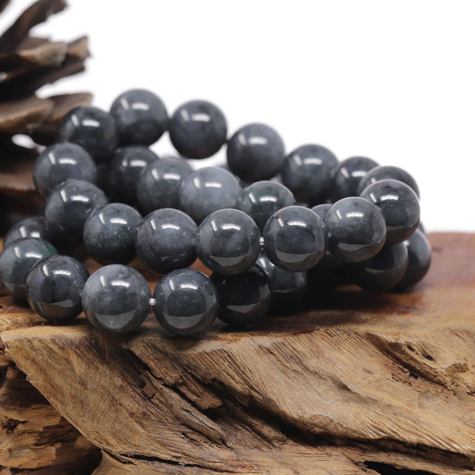 Baikalla Natural Black Wuji Jadeite Jade Round Bead Bracelet (14mm)