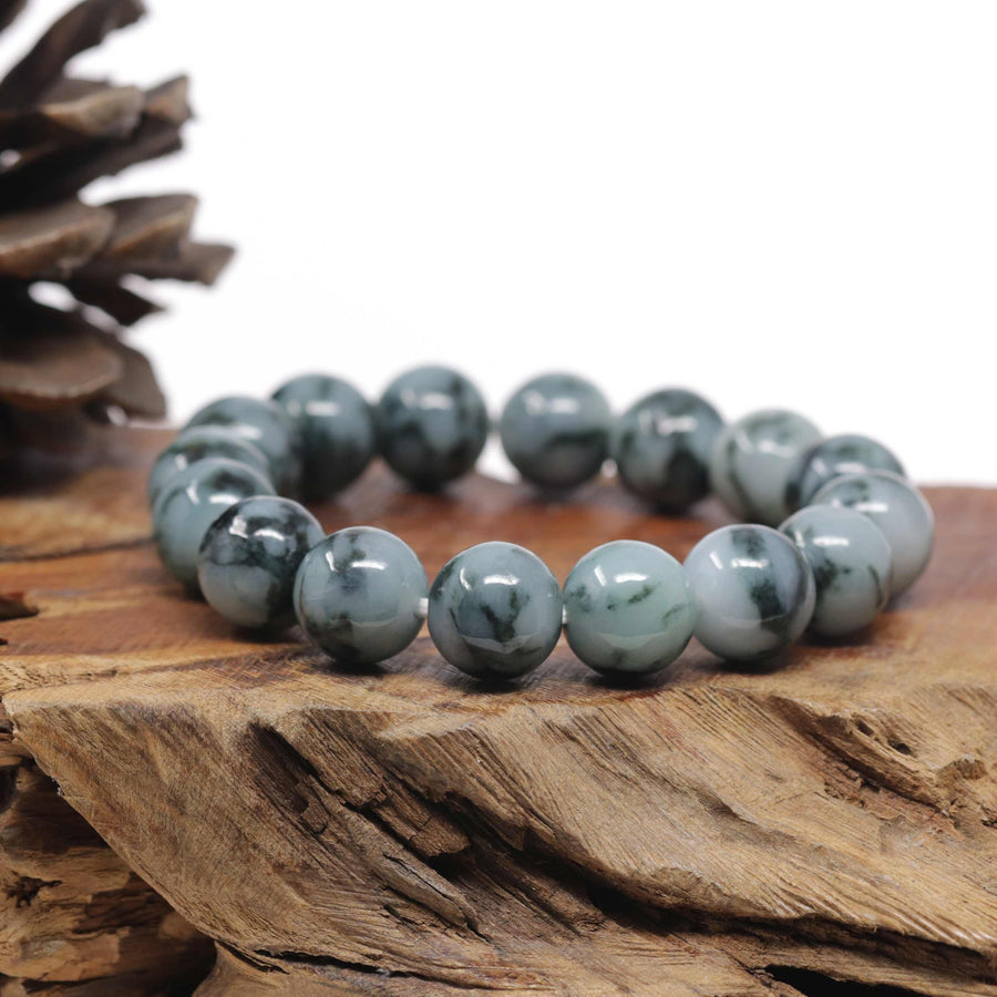 Baikalla Natural Jadeite Jade Round Blue Green Large Beads Men's Bracelet (14mm)
