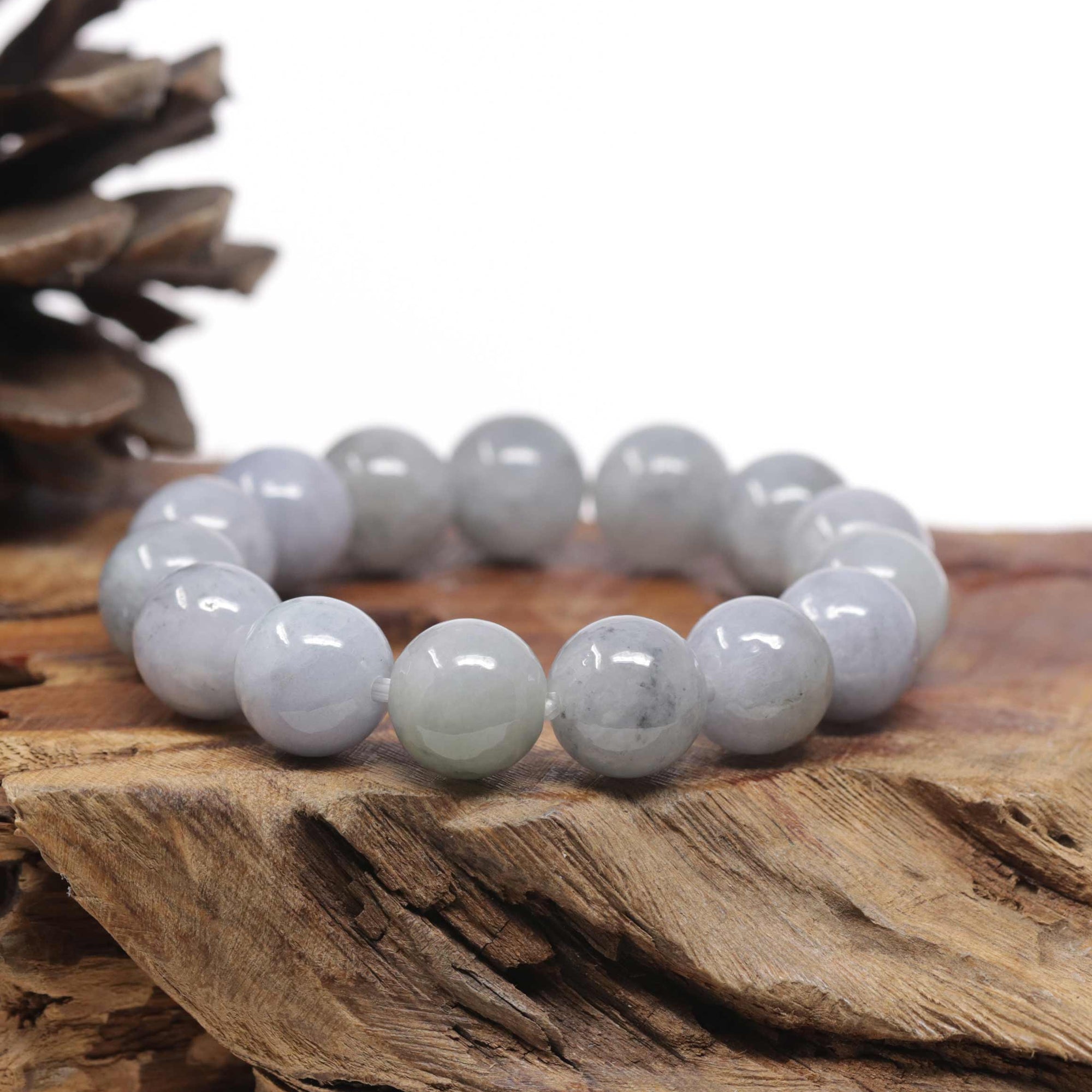 Baikalla Natural Light Lavender-Green W/ Grey Wuji Jadeite Jade Round Bead Bracelet (13.3mm)