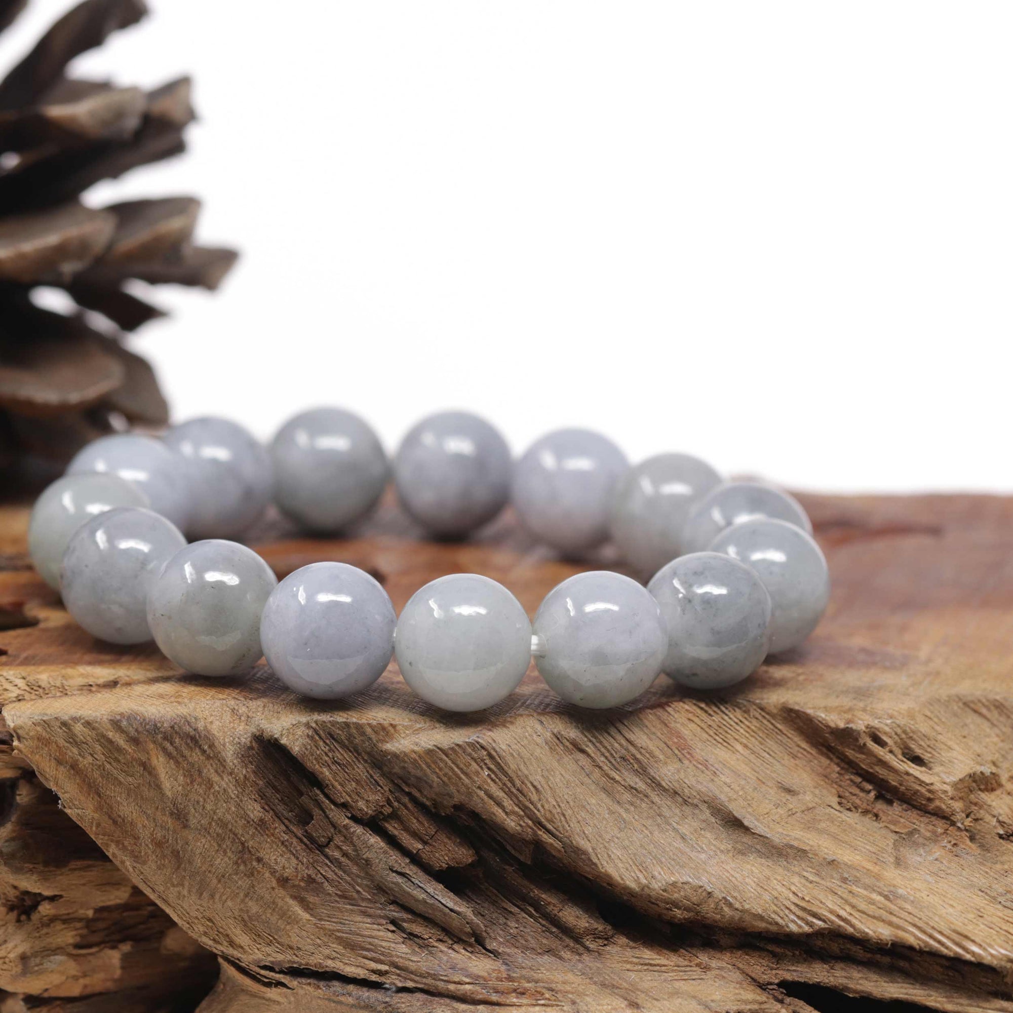 Baikalla Natural Light Lavender-Green W/ Grey Wuji Jadeite Jade Round Bead Bracelet (13.3mm)