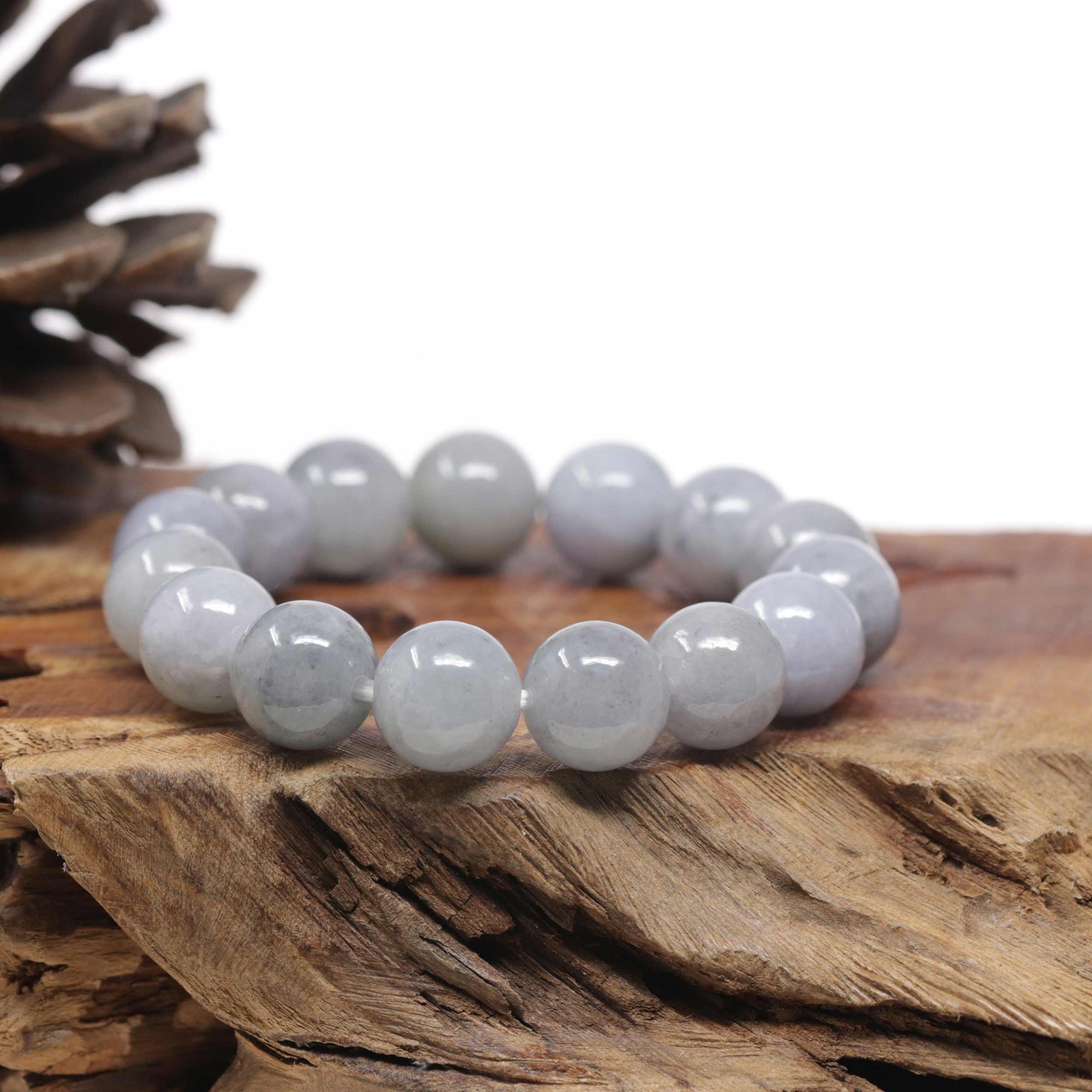 Baikalla Natural Light Lavender-Green W/ Grey Wuji Jadeite Jade Round Bead Bracelet (13.3mm)