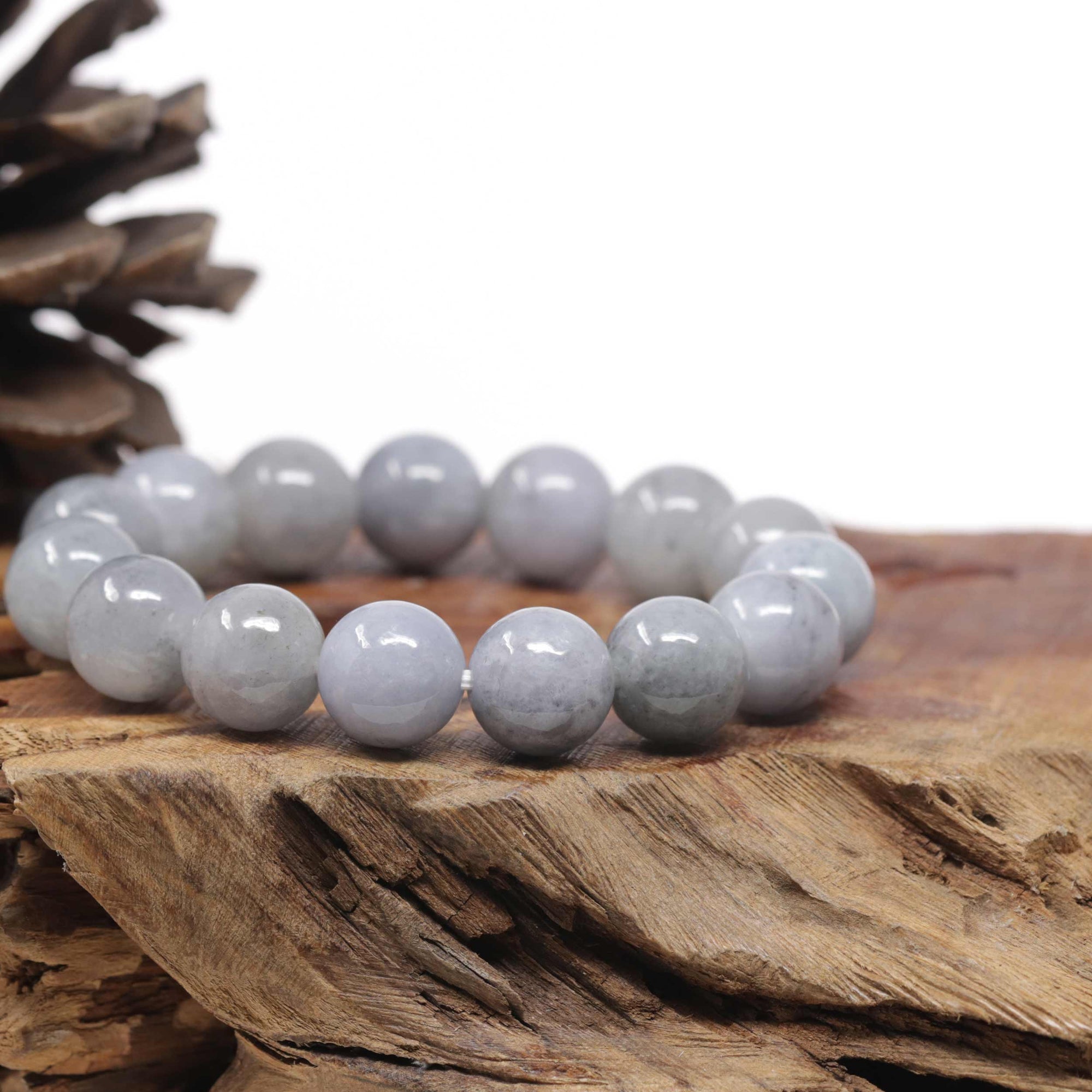 Baikalla Natural Light Lavender-Green W/ Grey Wuji Jadeite Jade Round Bead Bracelet (13.3mm)