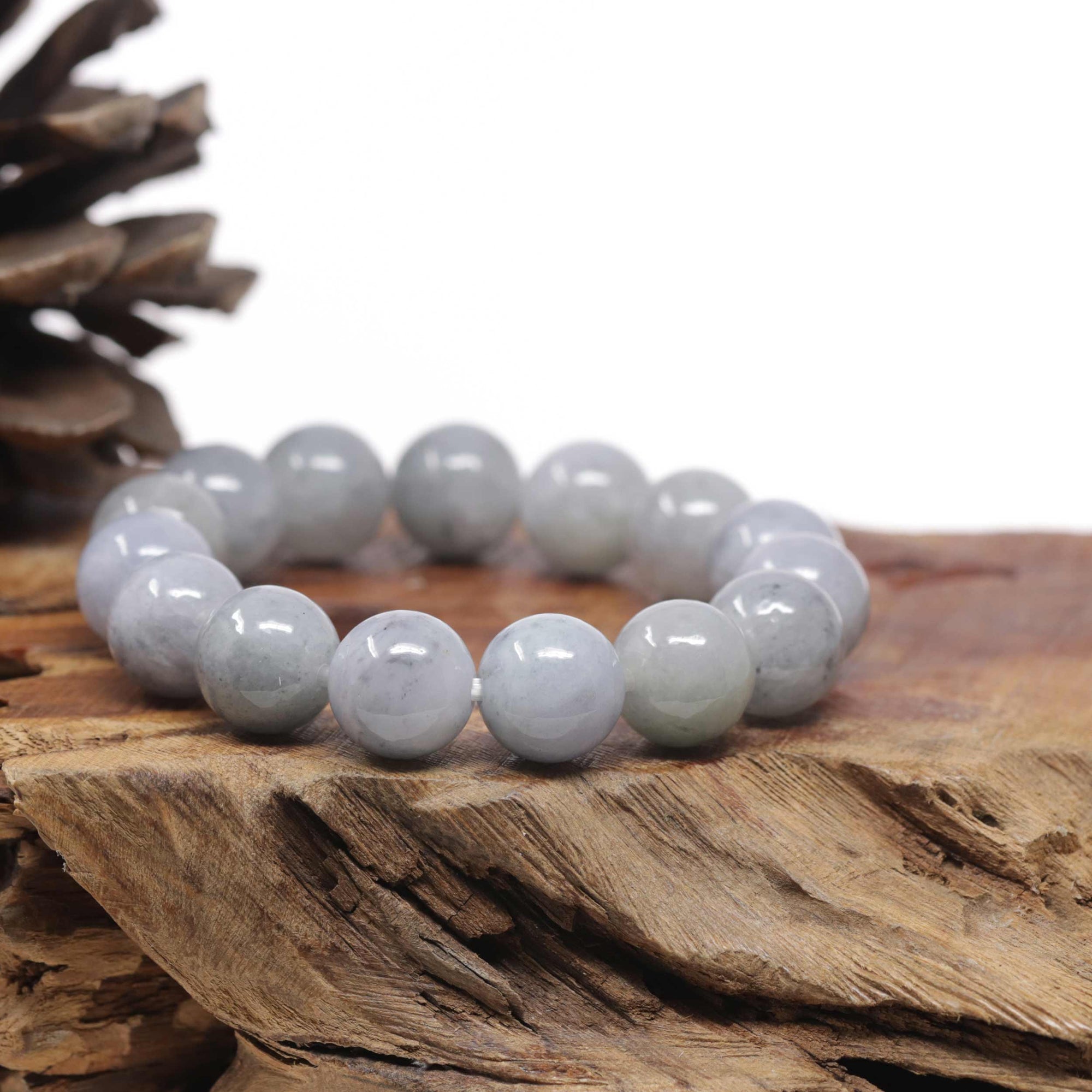 Baikalla Natural Light Lavender-Green W/ Grey Wuji Jadeite Jade Round Bead Bracelet (13.3mm)
