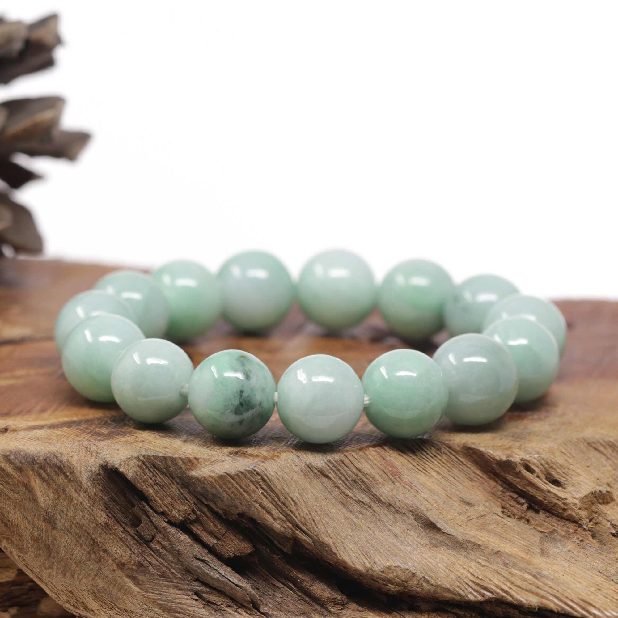Baikalla Natural Green Jadeite Jade Round Bead Bracelet (13mm)