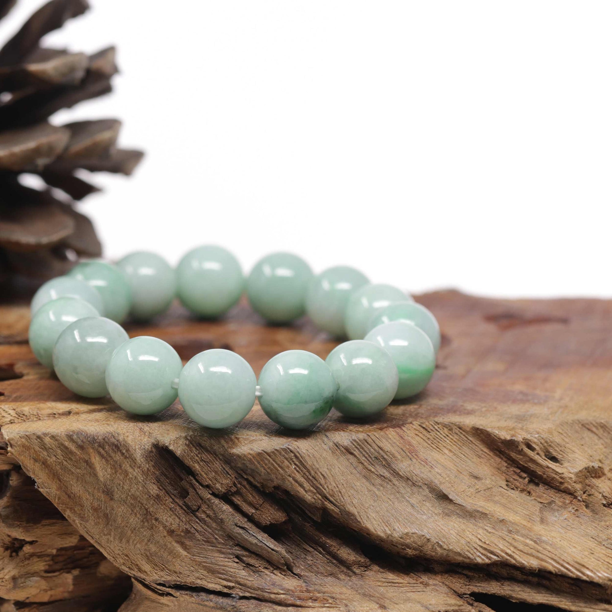 Baikalla Natural Green Jadeite Jade Round Bead Bracelet (13mm)