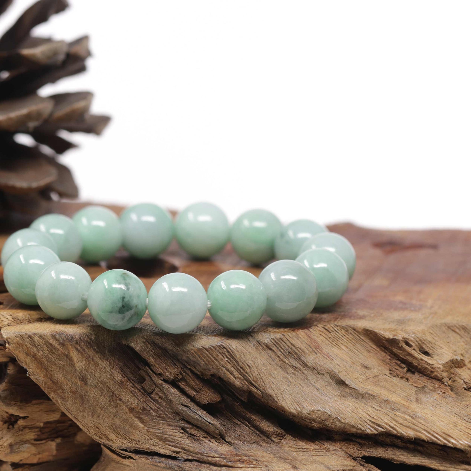 Baikalla Natural Green Jadeite Jade Round Bead Bracelet (13mm)