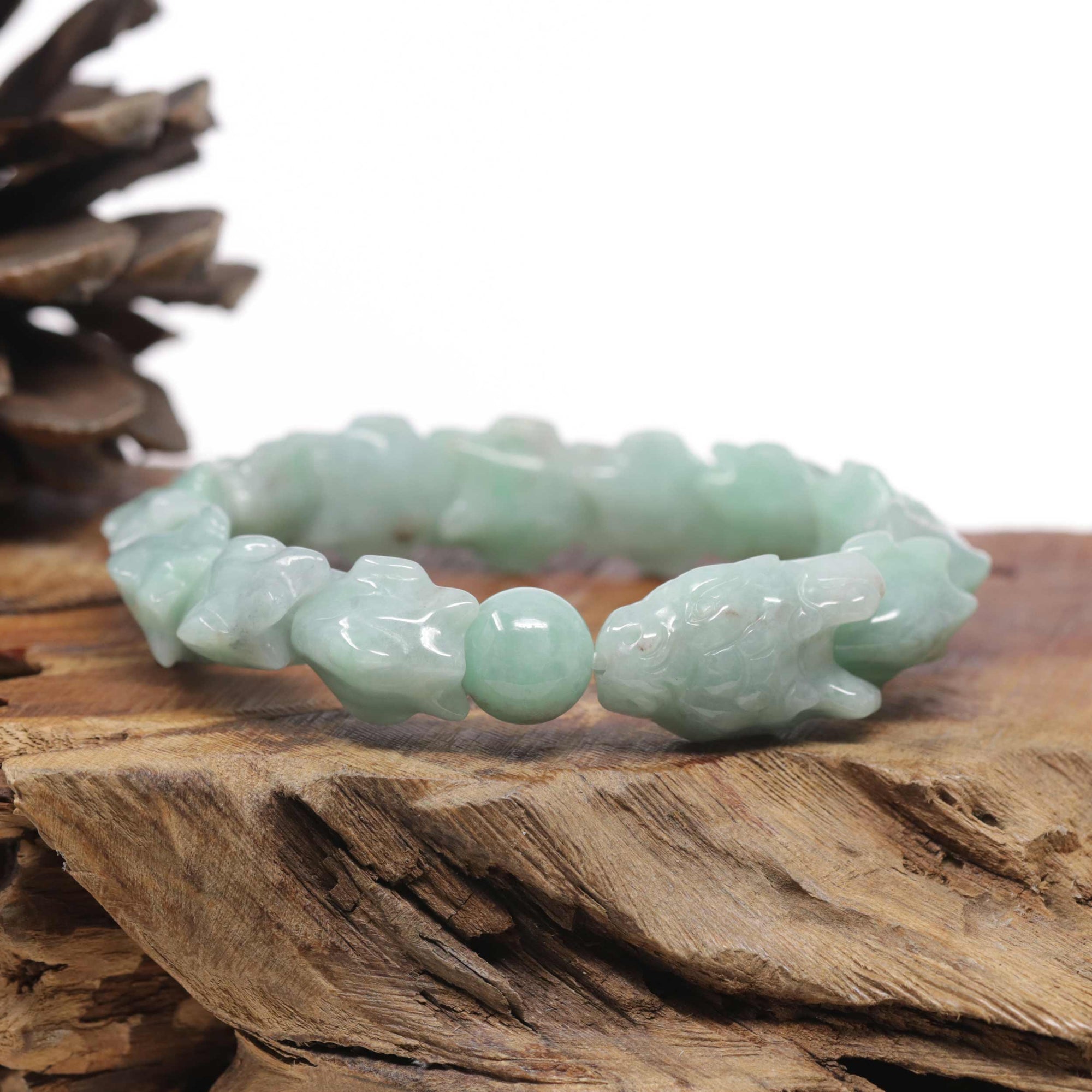 Baikalla Natural Light Apple-Green Jadeite Jade "Dragon" Bead Bracelet