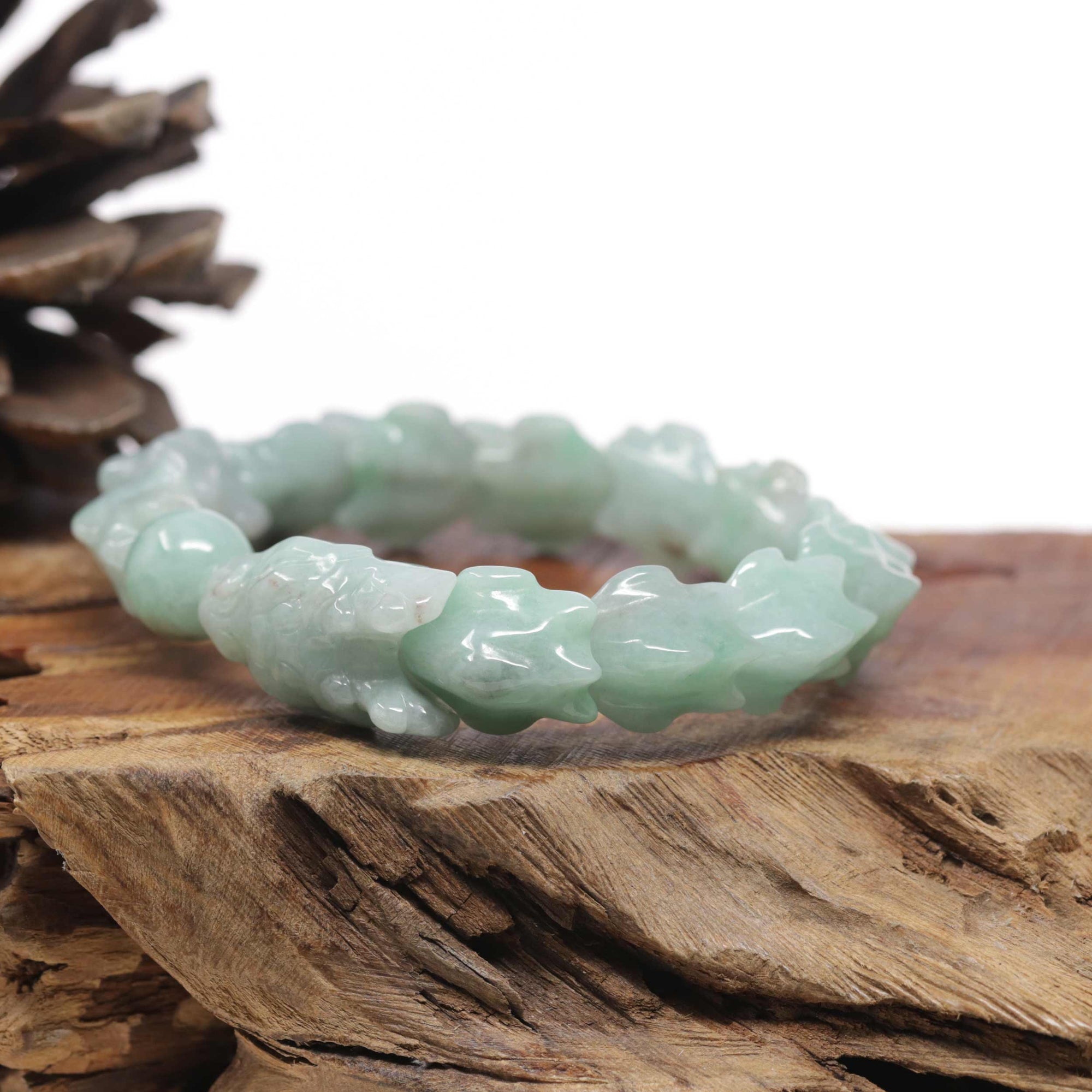 Baikalla Natural Light Apple-Green Jadeite Jade "Dragon" Bead Bracelet
