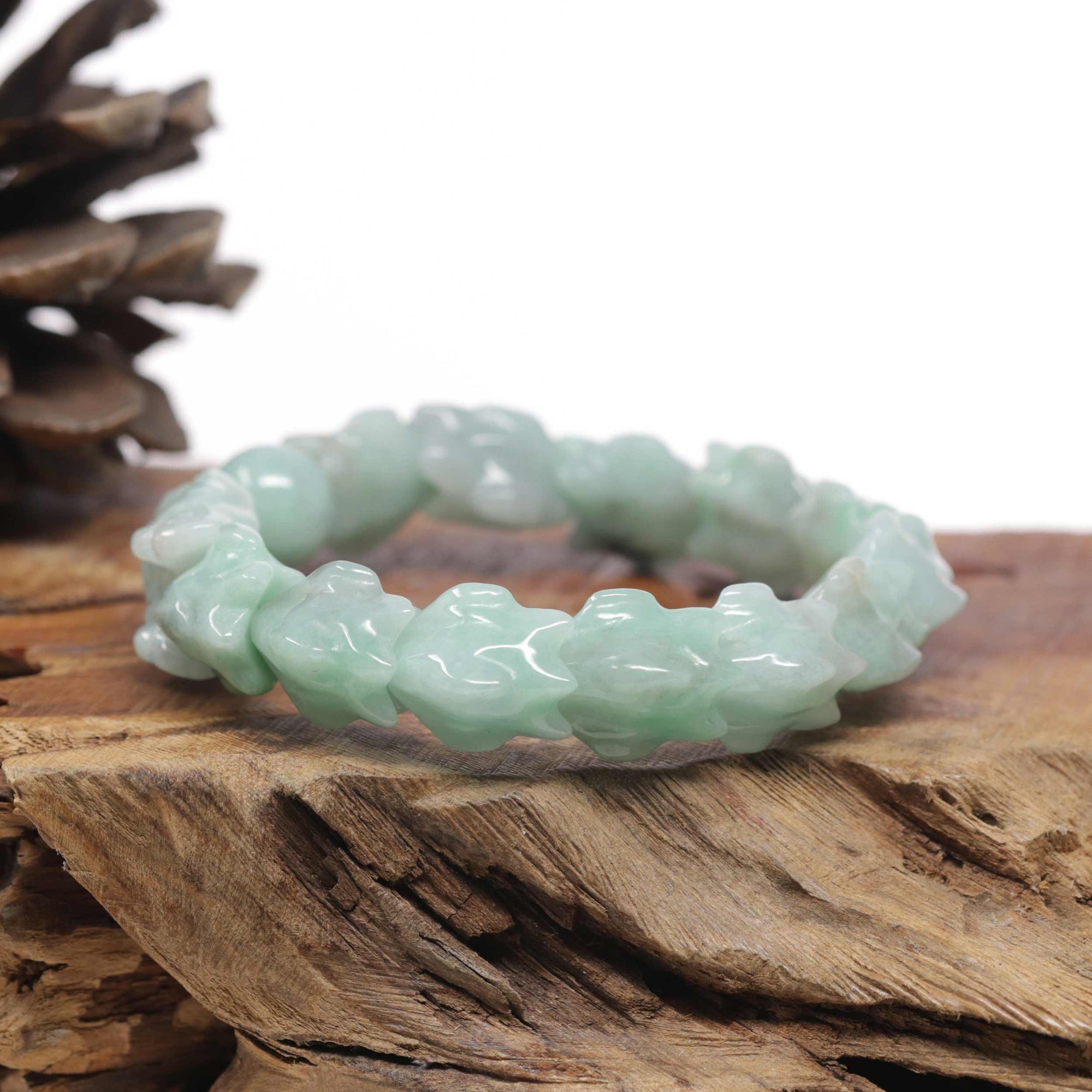 Baikalla Natural Light Apple-Green Jadeite Jade "Dragon" Bead Bracelet