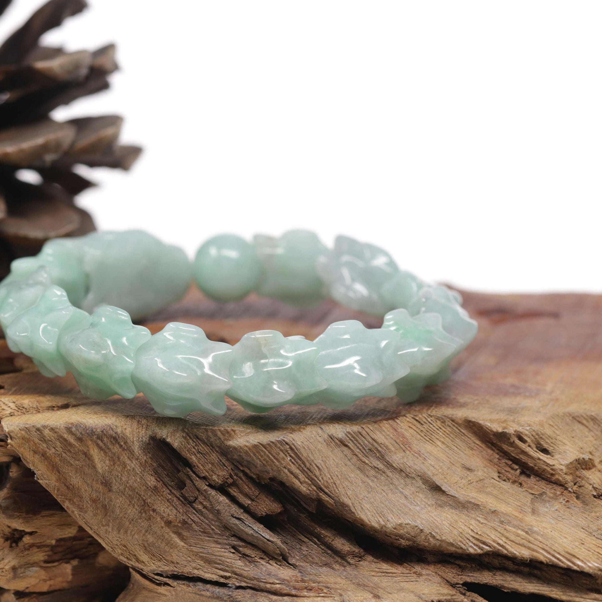Baikalla Natural Light Apple-Green Jadeite Jade "Dragon" Bead Bracelet
