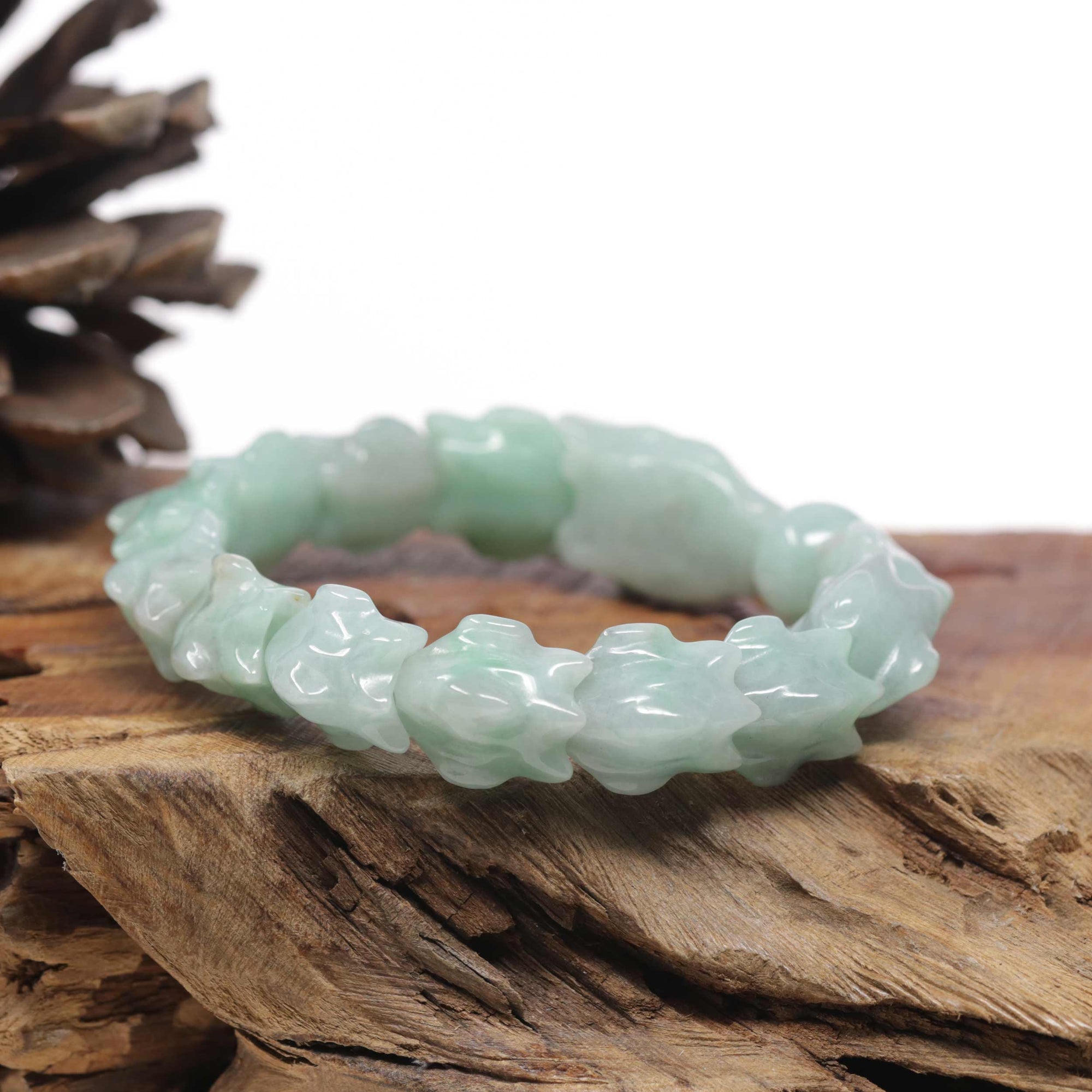 Baikalla Natural Light Apple-Green Jadeite Jade "Dragon" Bead Bracelet