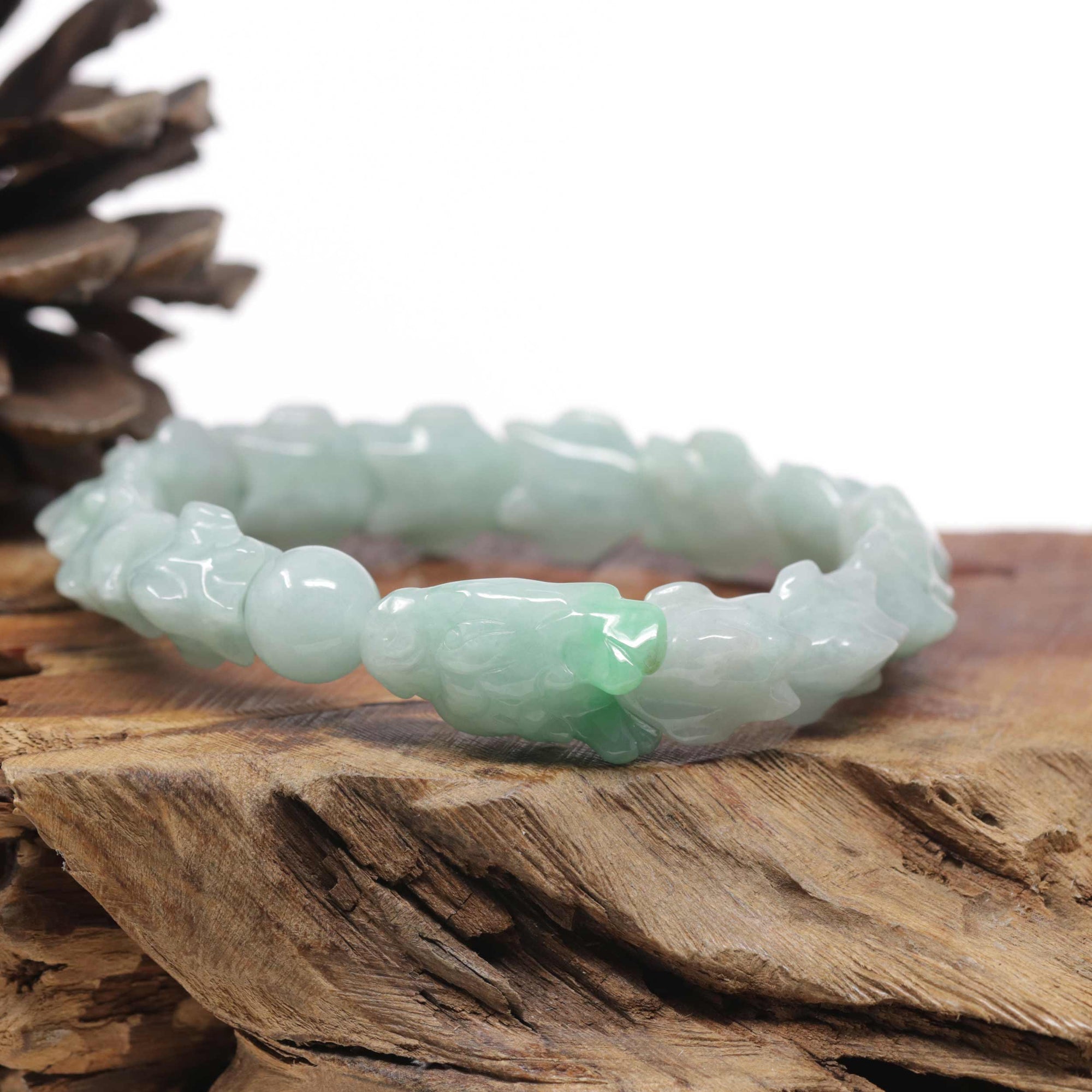 Baikalla Natural Light Apple-Green Jadeite Jade "Dragon" Bead Bracelet