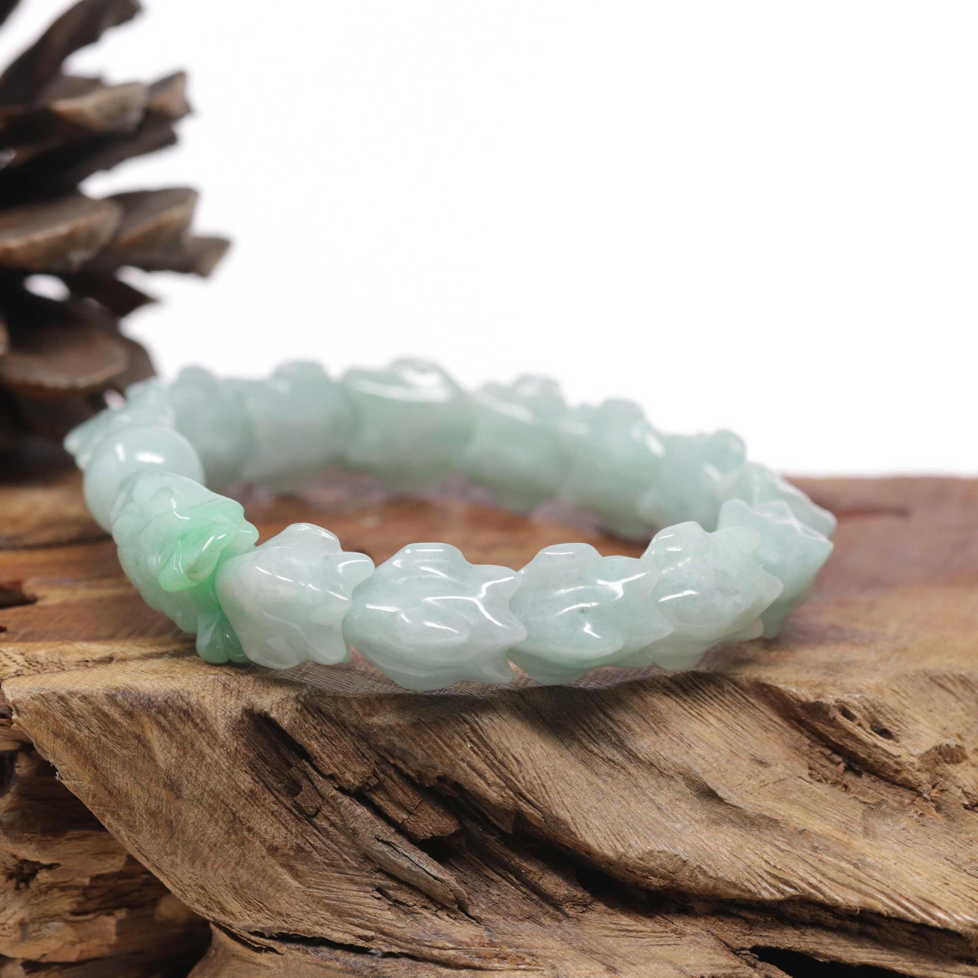 Baikalla Natural Light Apple-Green Jadeite Jade "Dragon" Bead Bracelet