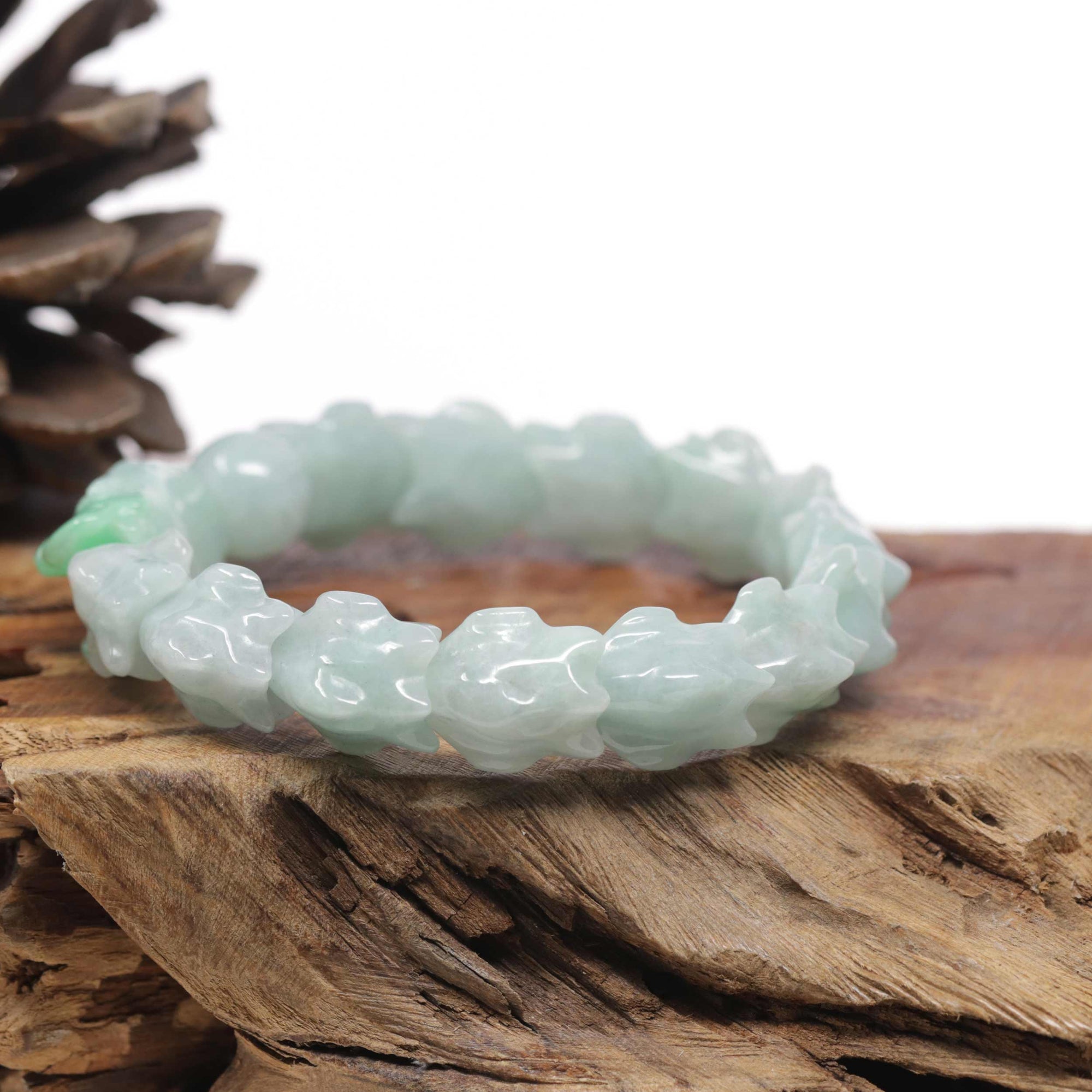 Baikalla Natural Light Apple-Green Jadeite Jade "Dragon" Bead Bracelet