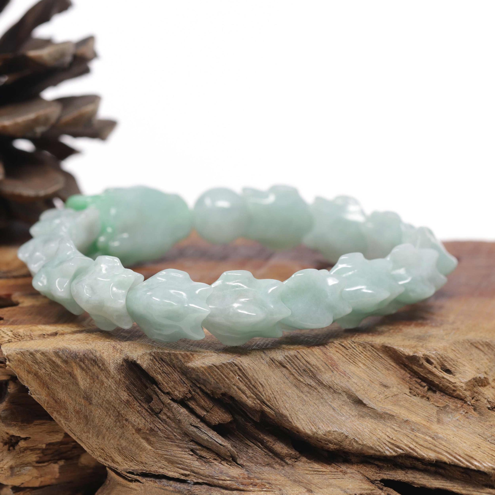 Baikalla Natural Light Apple-Green Jadeite Jade "Dragon" Bead Bracelet