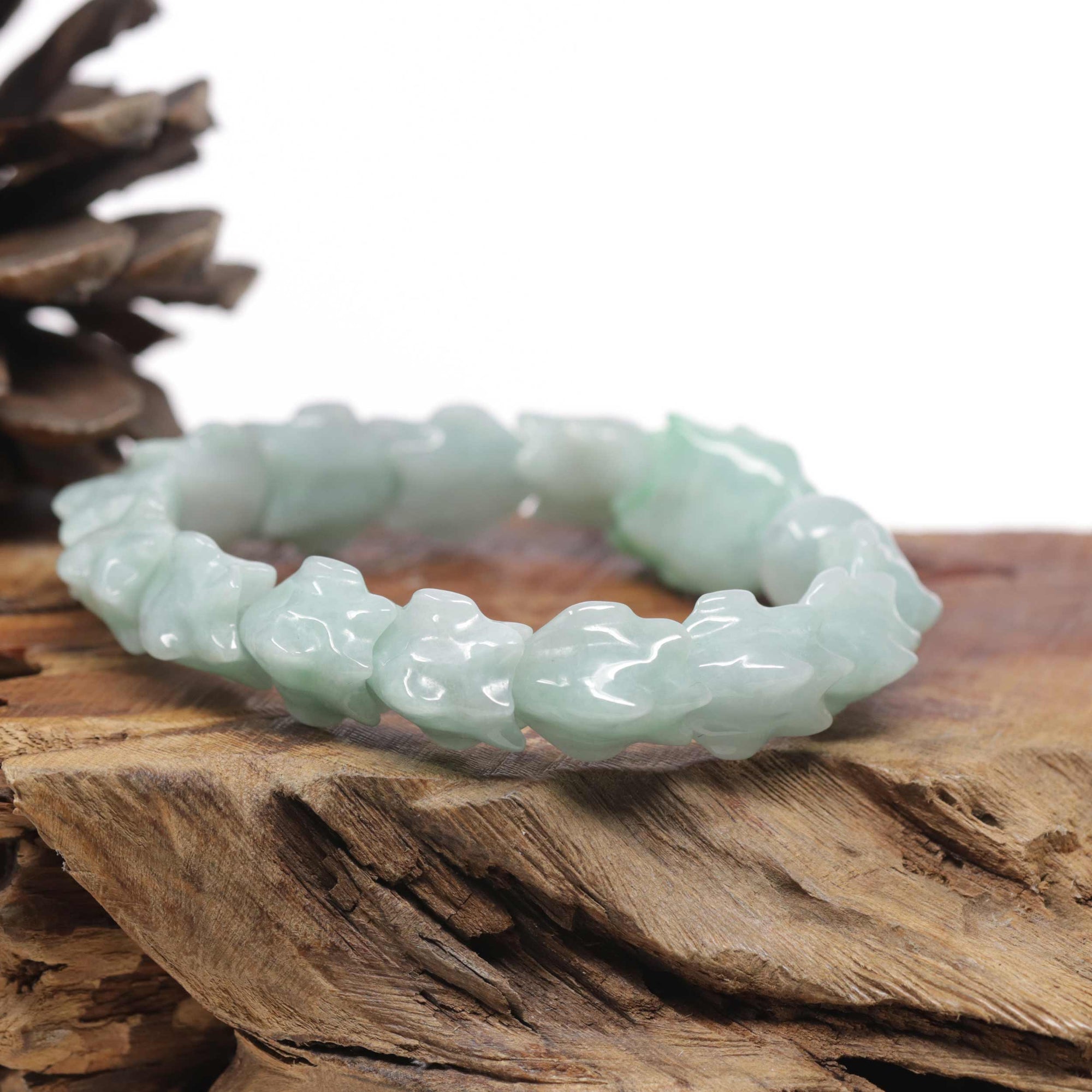 Baikalla Natural Light Apple-Green Jadeite Jade "Dragon" Bead Bracelet