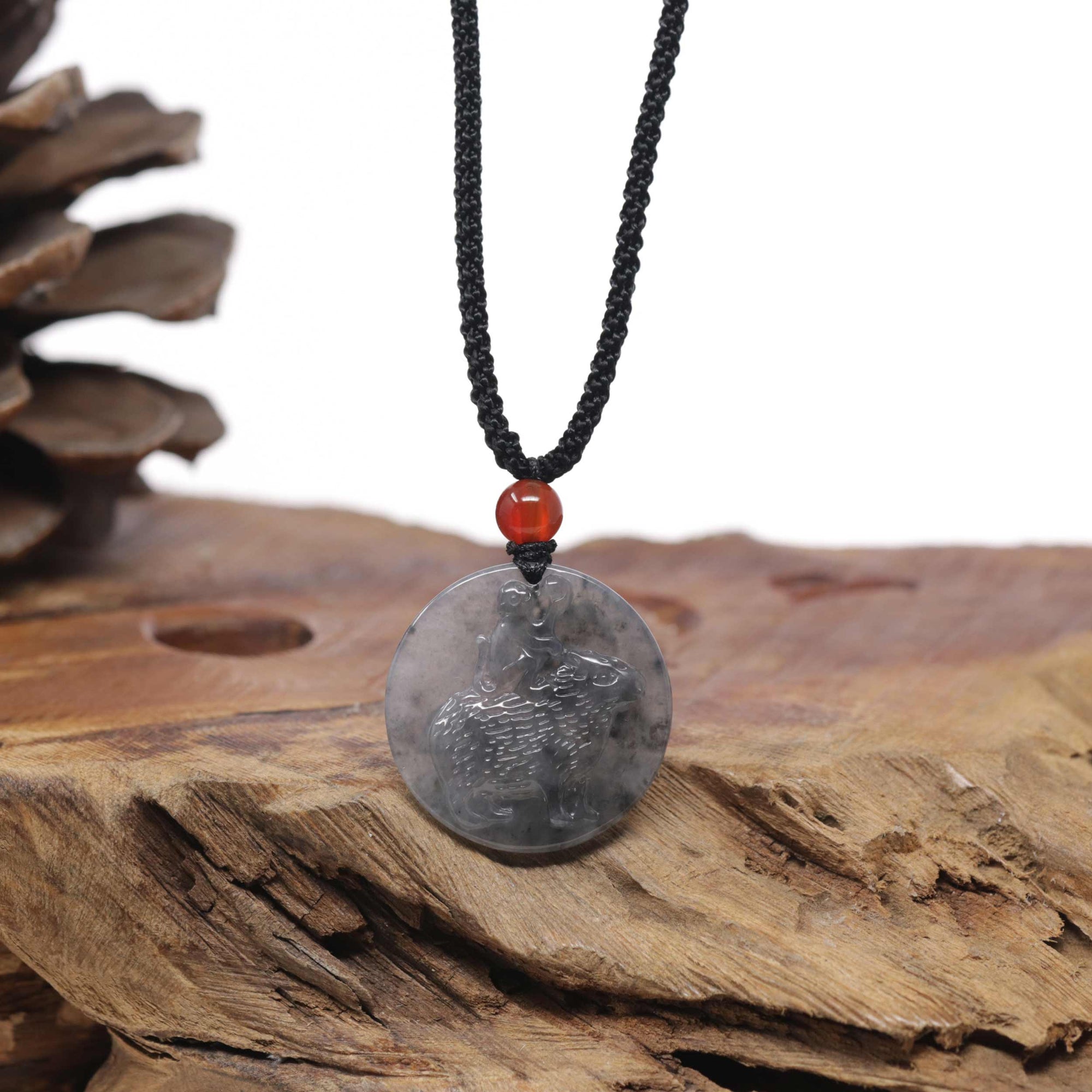 Baikalla Natural Icy Black Wuji Jadeite Jade "Skunk" Pendant Necklace