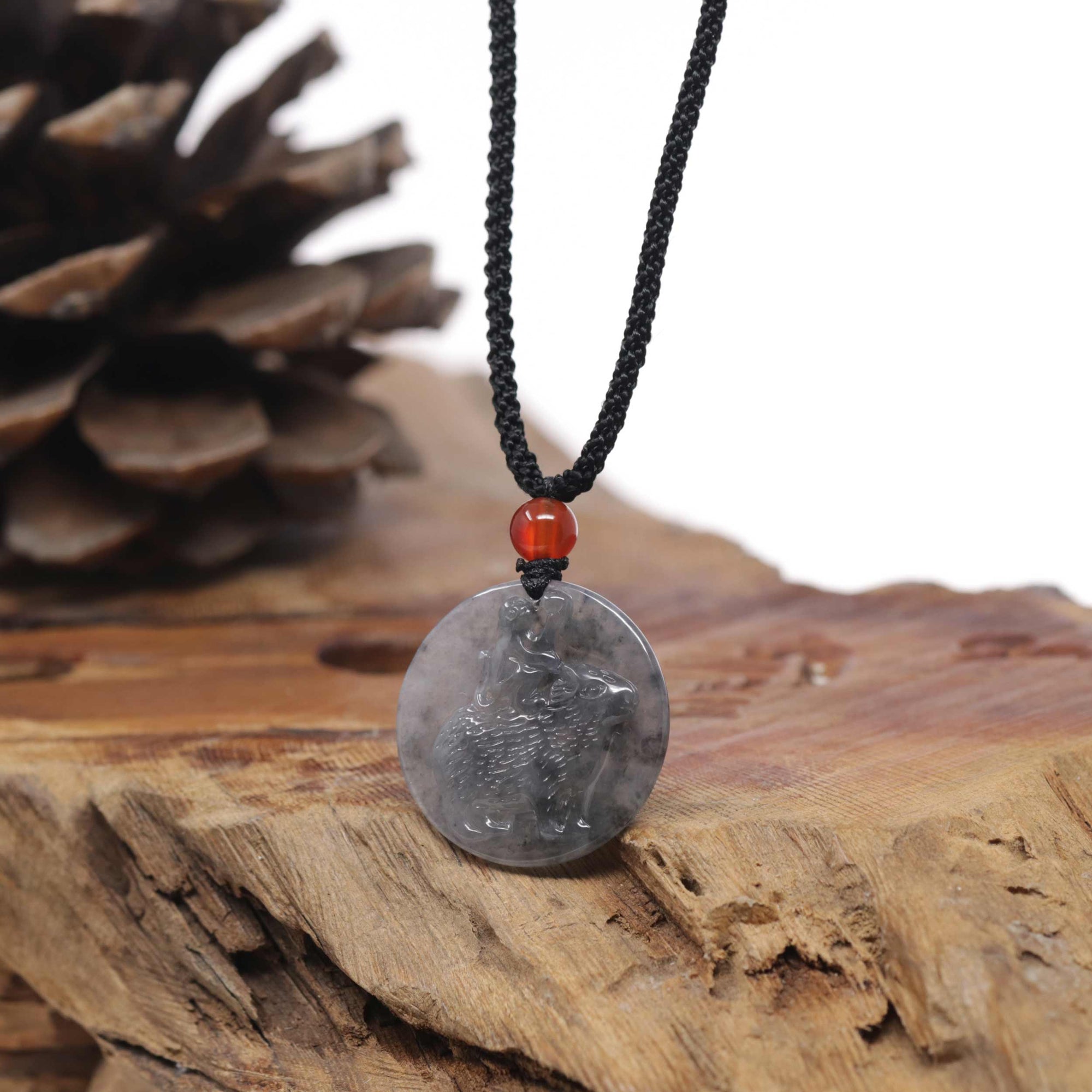Baikalla Natural Icy Black Wuji Jadeite Jade "Skunk" Pendant Necklace