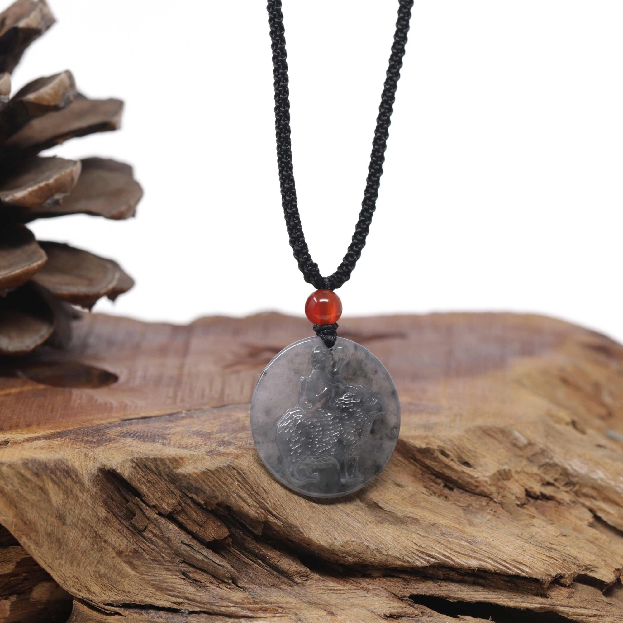 Baikalla Natural Icy Black Wuji Jadeite Jade "Skunk" Pendant Necklace