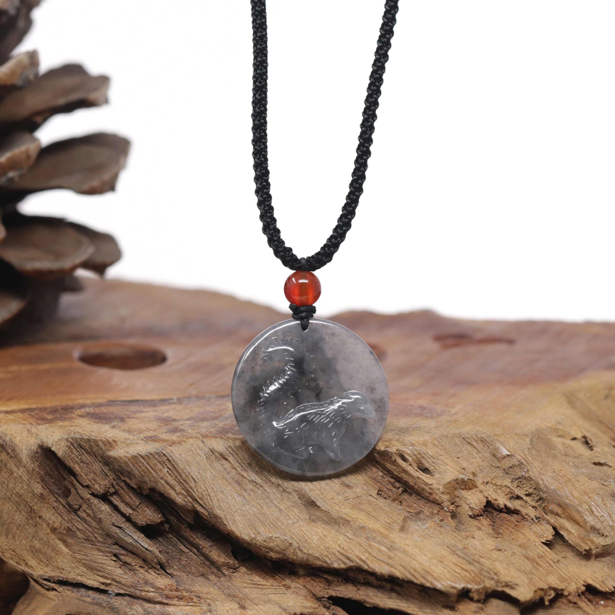 Baikalla Natural Icy Black Wuji Jadeite Jade "Skunk" Pendant Necklace