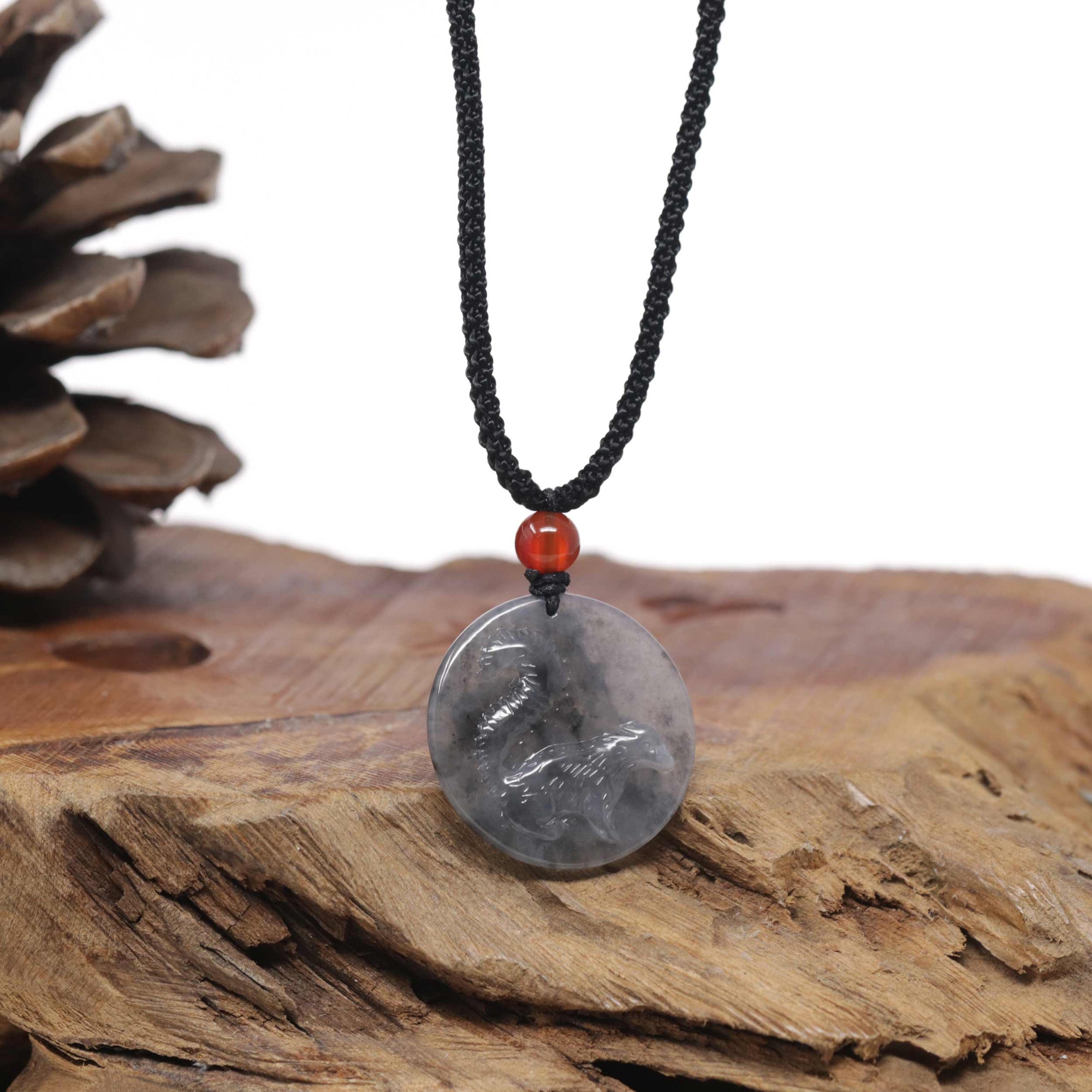 Baikalla Natural Icy Black Wuji Jadeite Jade "Skunk" Pendant Necklace